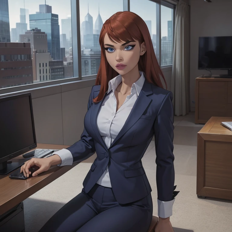 (masterpiece, high quality) woman, formal business suit, shirt, pants, solo , looking at viewer, perfect face, suits Navy blue,white shirt,sexy breasts,fit super model body, tight_fit_business_suit s, crystal blue eyes, eyelashes, makeup, skyscraper, full body, she is the boss, ultra quality 4k, super confident, sit like the boss, [From Below, Looking Up][Modern Office Setting]