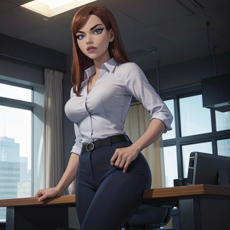(masterpiece, high quality) woman, formal business suit, shirt, pants, solo , looking at viewer, perfect face, suits Navy blue,white shirt,sexy breasts,fit super model body, tight_fit_business_suit s, crystal blue eyes, eyelashes, makeup, skyscraper, full body, she is the boss, ultra quality 4k, super confident, sit like the boss, [From Below, Looking Up][Modern Office Setting]