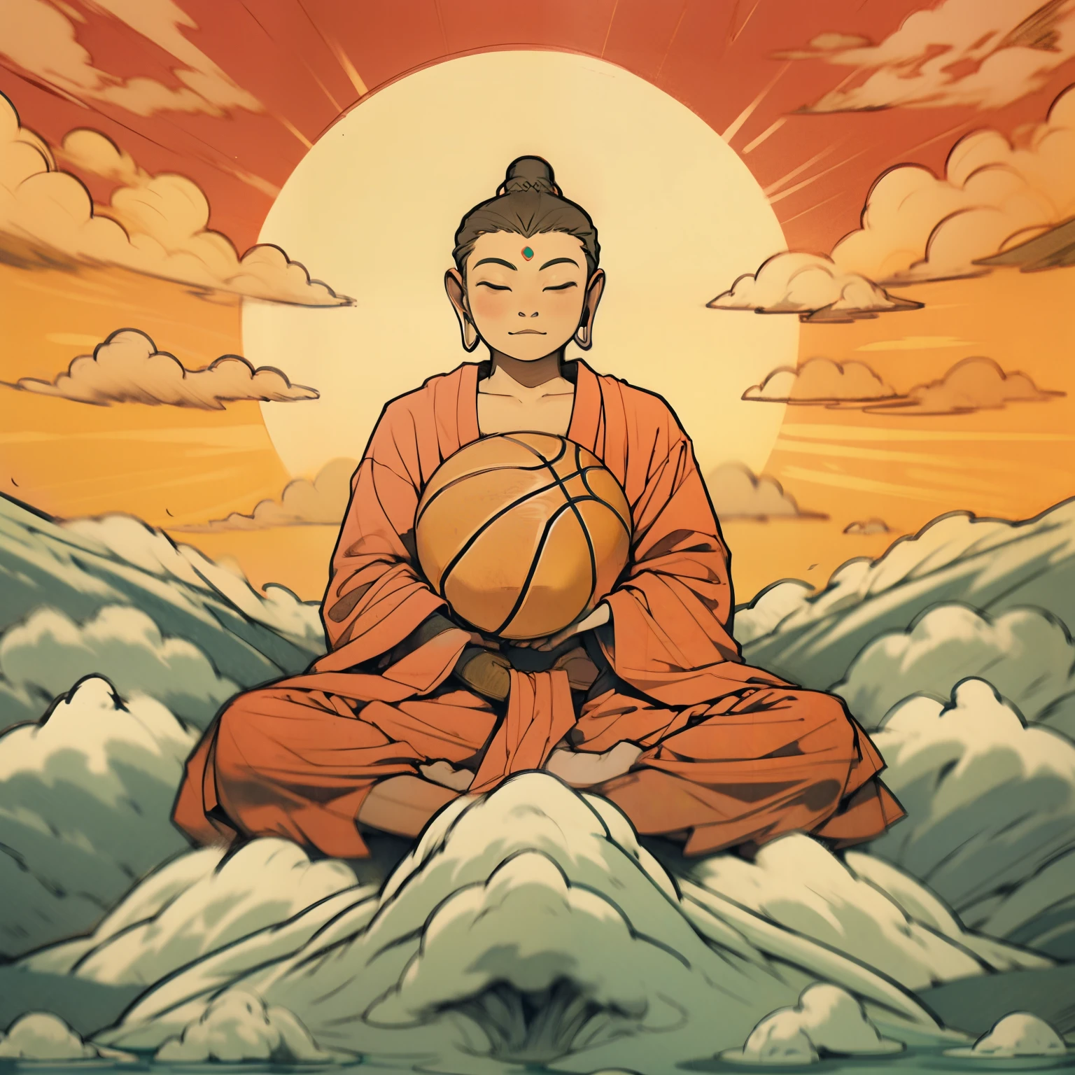 a close up of a person sitting on a body of water with a basketball, buddhism, the buddha, buddhist, buddha, floating in a powerful zen state, spiritual enlightenment, inspired by Shūbun Tenshō, hindu stages of meditation, meditation, profile pic, monk meditate, spirituality, buddhist monk meditating, enlightened, meditating, classic, artistic depiction