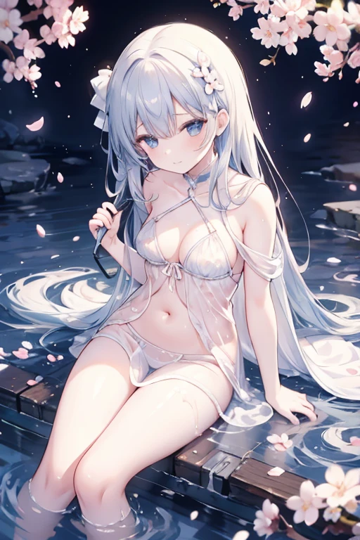 1girl, solo, ((liquid clothes)),\n(water), water drop, small breasts, see-through_dress,\ncherry blossoms,, falling petals, cleavage,  from above,\nshuimo, river, bare legs, light smile, (splashing),