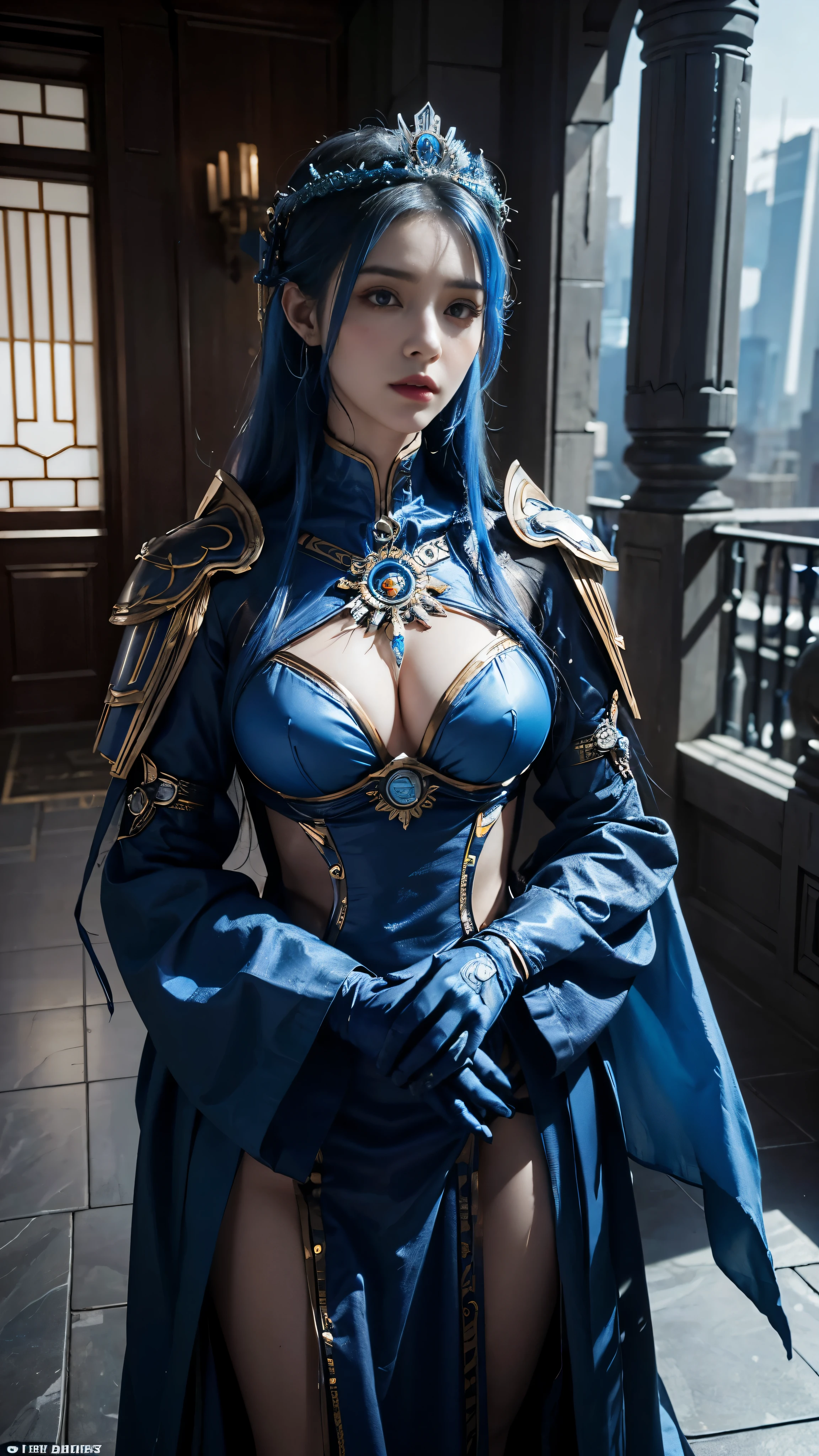 two women in costumes are standing in a room, as lady mechanika, static Prometheus frame, blue body paint, cyberpunk ornaments, Aztec Empress, cinematic details, guards, balcony scene, solarpunk, by Leon Wyczółkowski, sisters, Japanese cgi, Kazakh empress, character close-up