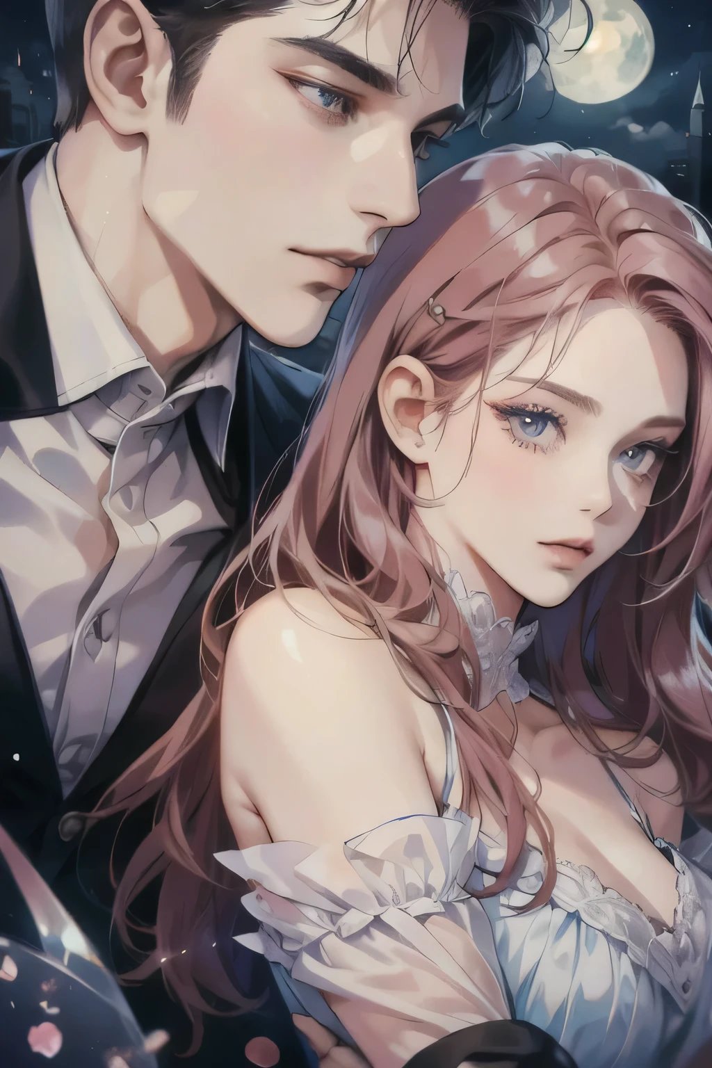 (Tabletop, Digital Art, digital illustration, 4K, 8k, Very detailed, Beautiful images, Clear images, Realistic, RAW Photos, Perfect Face, Perfect Lines, Perfect Eyes, Soft lighting) 1 female, (Long dark pink hair,Straight hair,Bullish expression,Beautiful woman,suit,Solid makeup,Medium breast、23-year-old female,:1.3),secretary, Two handsome men in suits, (human,Man in suit,Muscular,Strong shoulder width, human,Boyish dark blue hairstyle,English gentleman'style,A man in his 30s with a cool expression,A 28-year-old man with a bright smile:1.2),Moonlit Night、City of night、Moon and light、illumination、Couple、couple kissing、Romance、romance porn、look at each other、Embrace each other