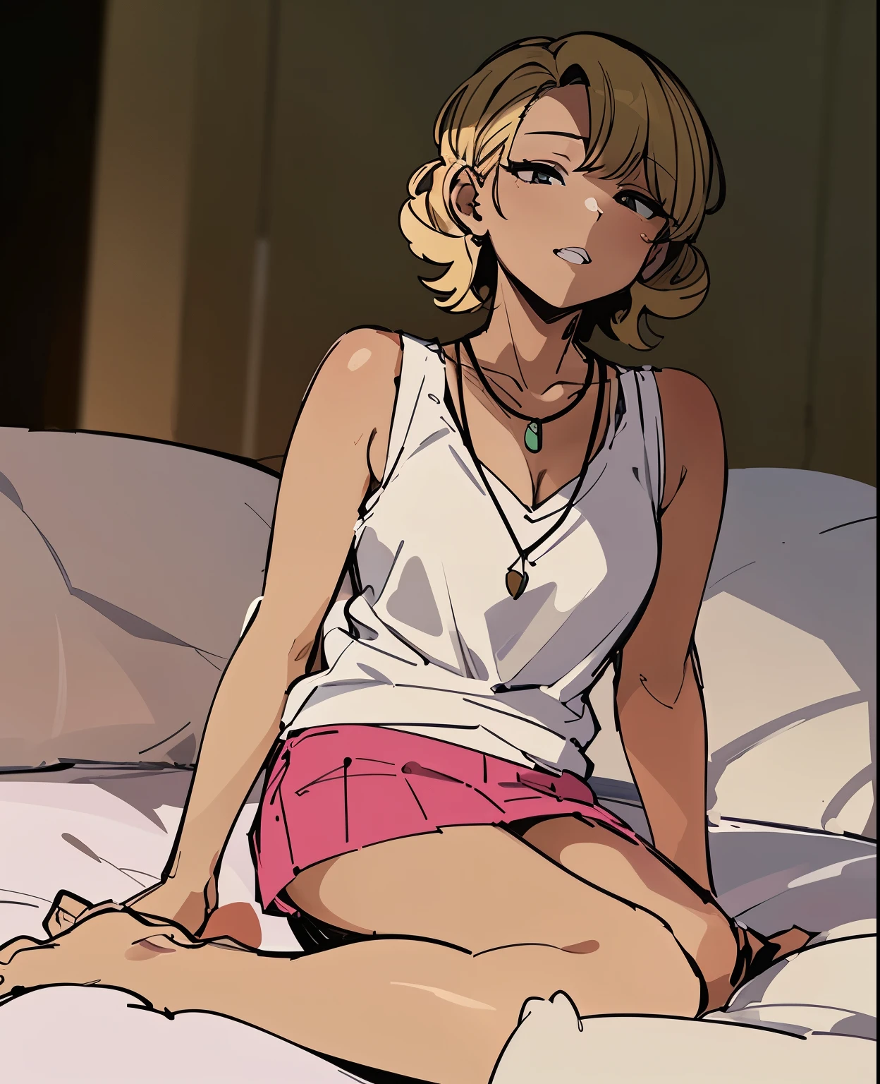 Look at me, a mature woman sitting on a futon, short blonde curly hair, necklace, miniskirt, sleeveless T-shirt, lawn, masterpiece, high quality, high definition,