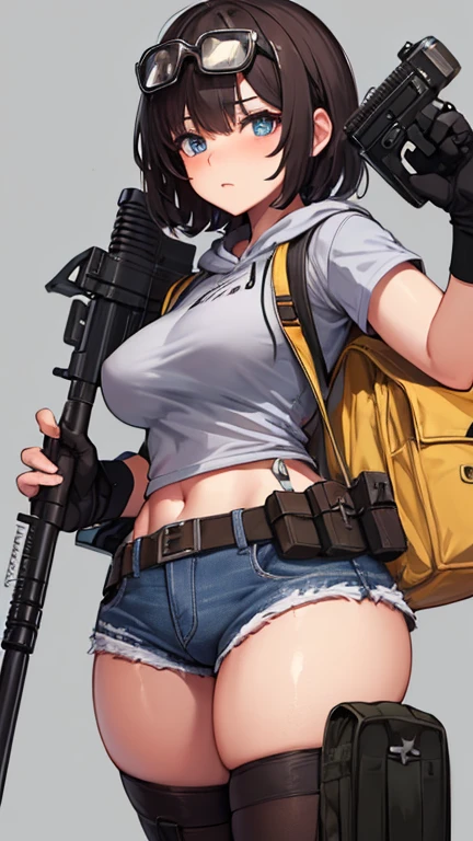 solo thick figure thick thighs ultra breast size ultra hip size blue eyes tan skin girl short dark brown messy hair wear fingerless gloves wear short crop top hoodie wear short crop jean ripped wear holster wear black stocking holding a rifle on hands wear tactical backpack wear tactical goggle on head 