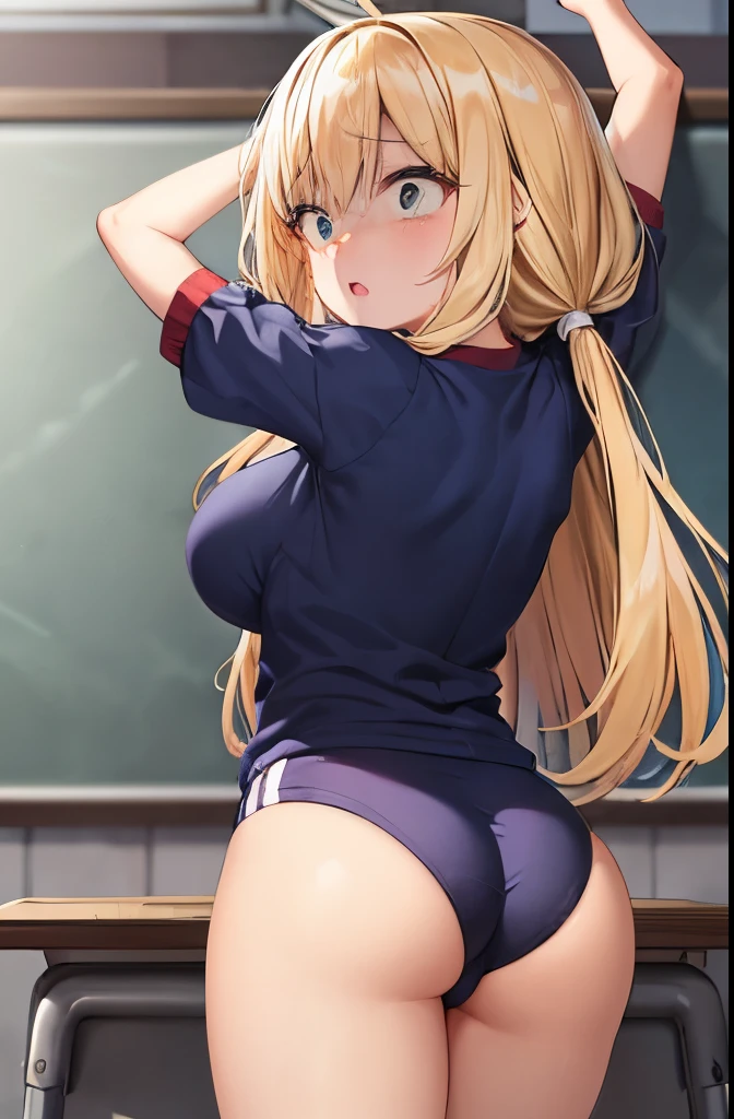 (masterpiece:1.2),best quality,illustration,beautiful detailed girl, bangs, (ahoge:1.24), (long hair:1.20),yellow eyes, (:1.3) 10 yrl wearing shiny (red buruma and gym uniform:1.18) standing by school desk,embarrassed,blush,terrifying,(cowboy shot), (looking at viewer:0.5),(ass focus:1.25),(pussy:0.9),(arms up:1.0),arm on mouth, classroom (gigantic breasts),tight uniform.