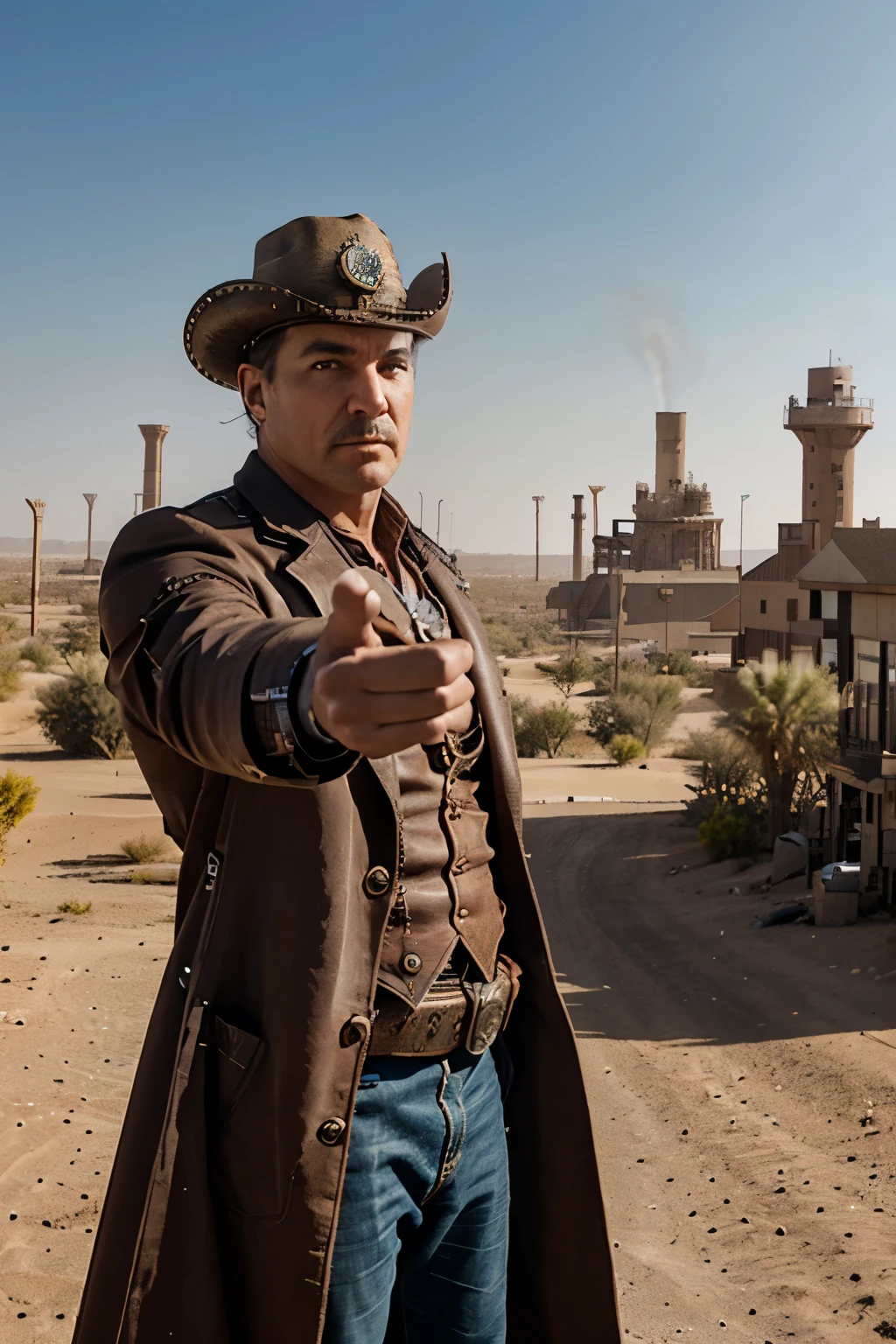 a average build male sheriff pointing ahead through the horizon a bit far from camera, with the background is a western steampunk bustling desert city with steam-powered factories, clockwork gadgets, fantasy high-tech steam technology in buildings
