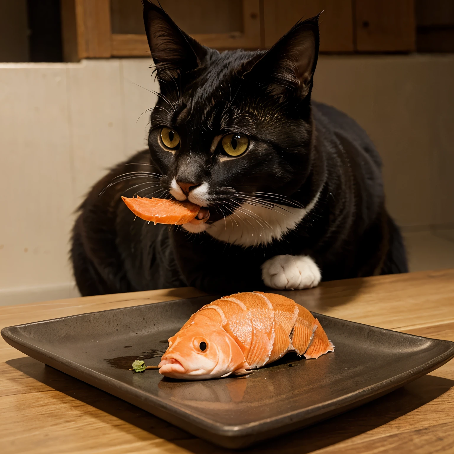 A cat is eating fish
