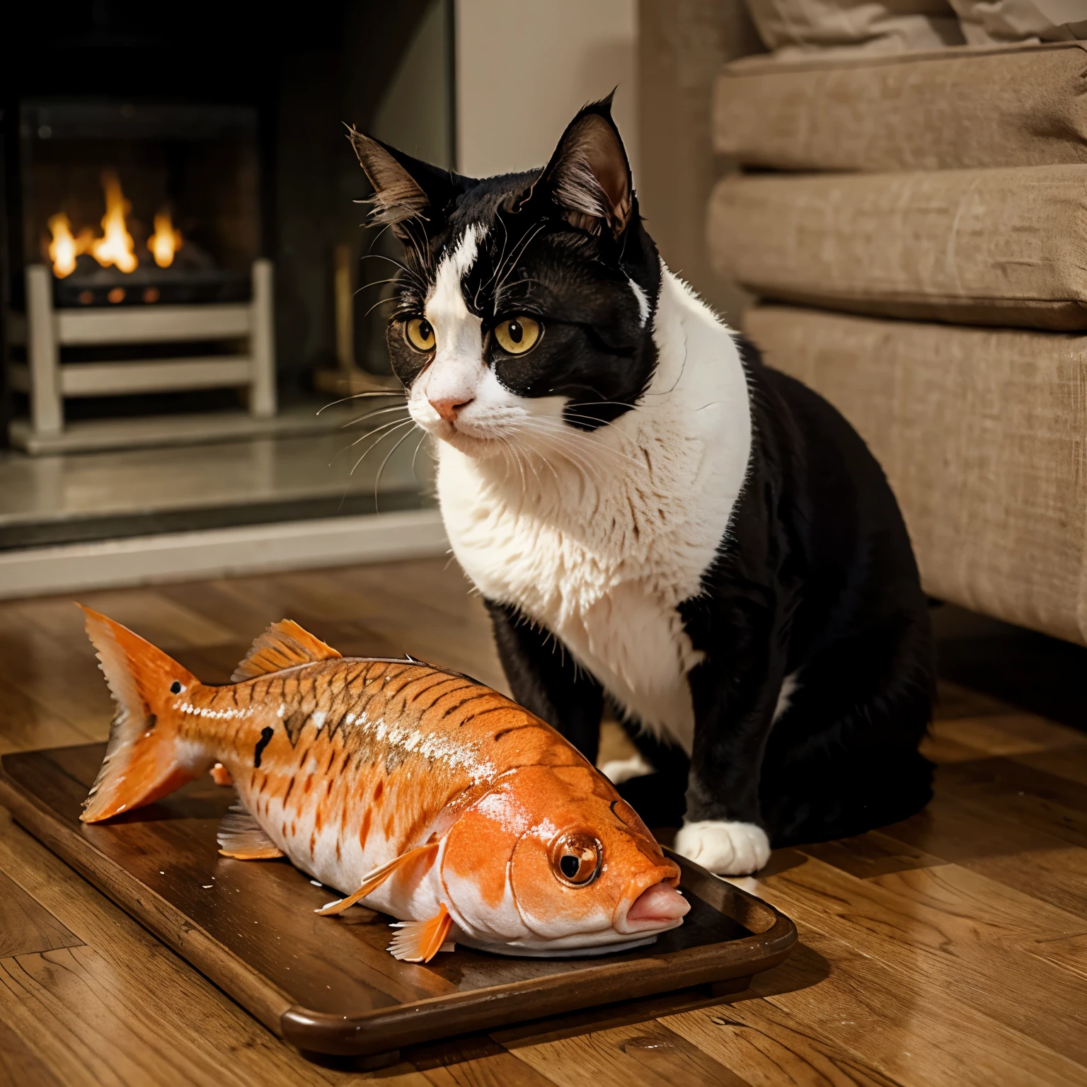 A cat is eating fish
