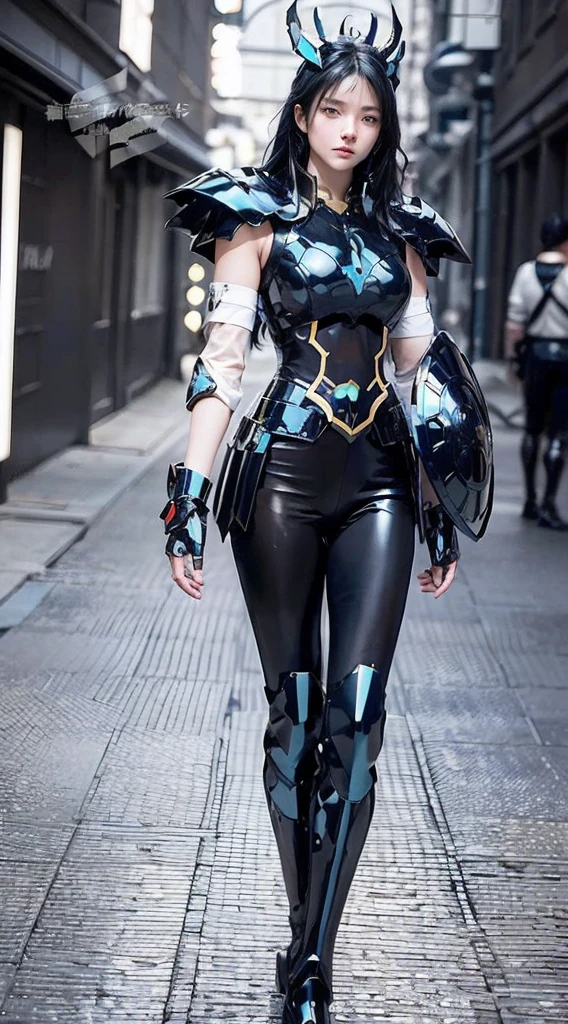 A woman wearing black and blue clothes walks on the street, Wearing tech clothing and armor, PVC Armor, Black shiny armor, Porcelain armor, Stunning Armor, Armor Girl, Gorgeous role-playing, Very stylish fantasy armor, shiny plastic armor, Wearing light leather armor, Cyber Japanese style armor, Beautiful armor, fantasy costumes, Anime Characters; full body art, wearing futuristic armor