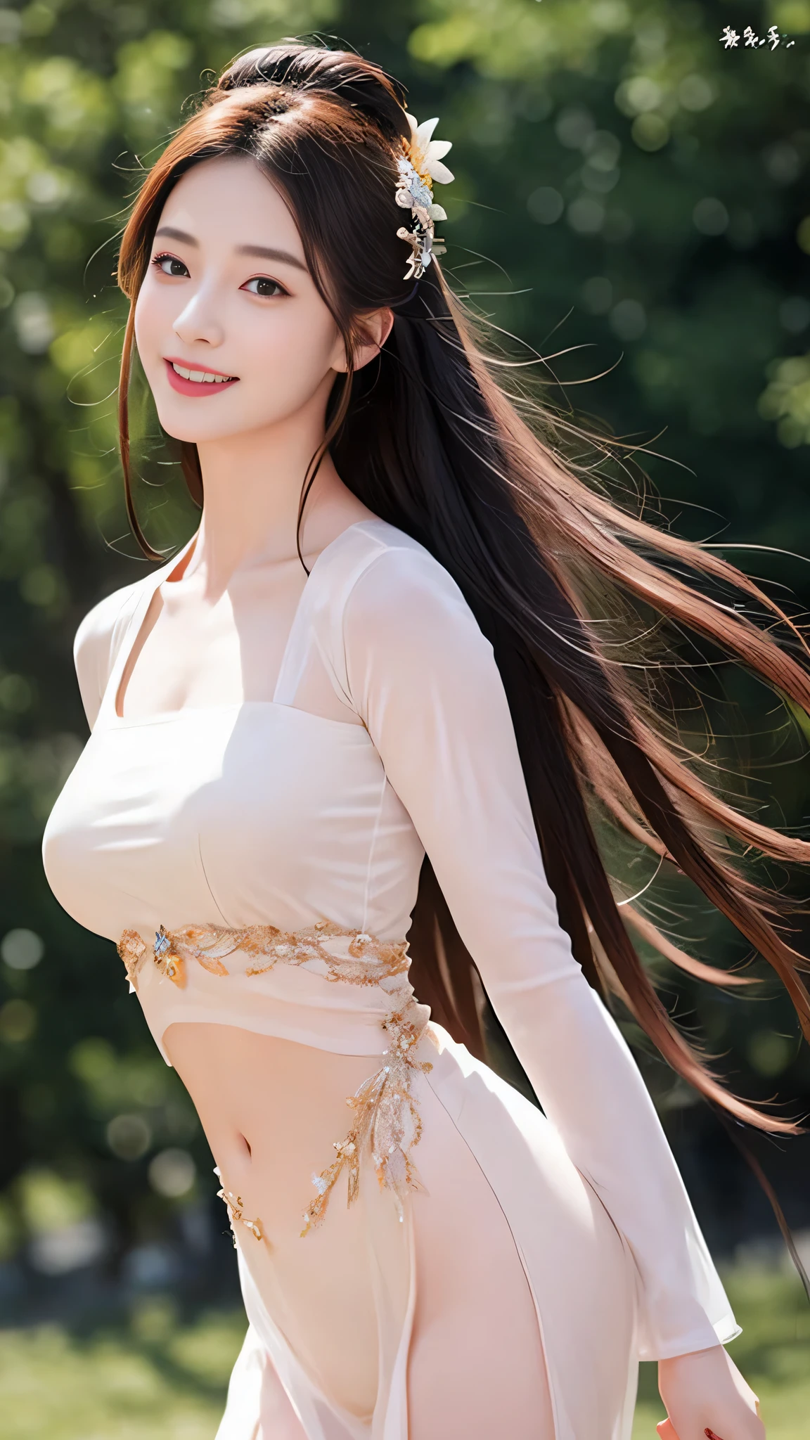 Superb Quality, Masterpiece, High Resolution, (Exquisite Body: 1.5), Stunning Beauty, (Milky Skin: 1.3), Delicate Details, High Resolution, Wallpaper, 1 Woman, Solo, Shelf-tulle Sweatshirt, Hair Accessories, , Flower, Long Hair, Plump Figure, Brown Hair, Smile, Accessories, Dance Pose, Big Eyes, Flowing Hair, Transparent Tulle Hanfu, Transparent Tulle Hanfu, Embroidery, Short Skirt, Dance Pose, Falling Petals, Indoor, Fanning, 16K, HDR, High Resolution, Depth of Field, (Film Grae: 1.1), Bocon, Primetime, (Lens Glow), Vignette, Rainbow, (Color Grading: 1.5)
