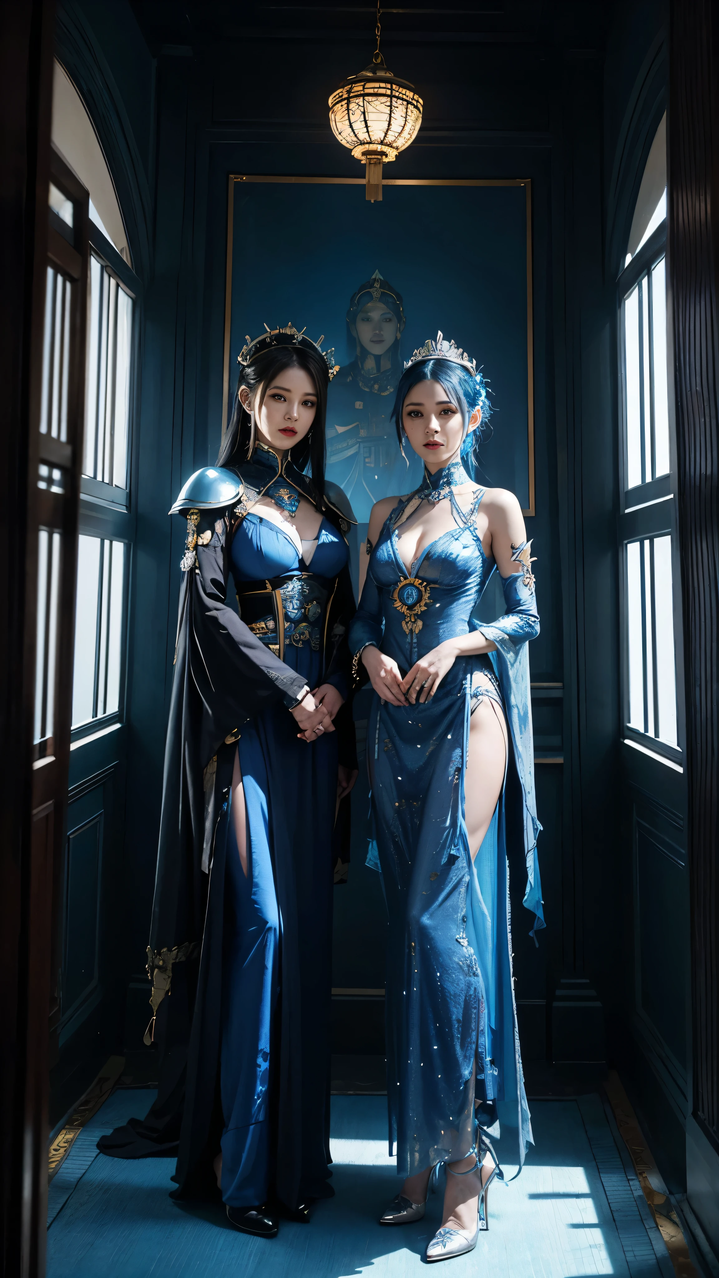 two women in costumes are standing in a room, as lady mechanika, static Prometheus frame, blue body paint, cyberpunk ornaments, Aztec Empress, cinematic details, guards, balcony scene, solarpunk, by Leon Wyczółkowski, sisters, Japanese cgi, Kazakh empress, character close-up  