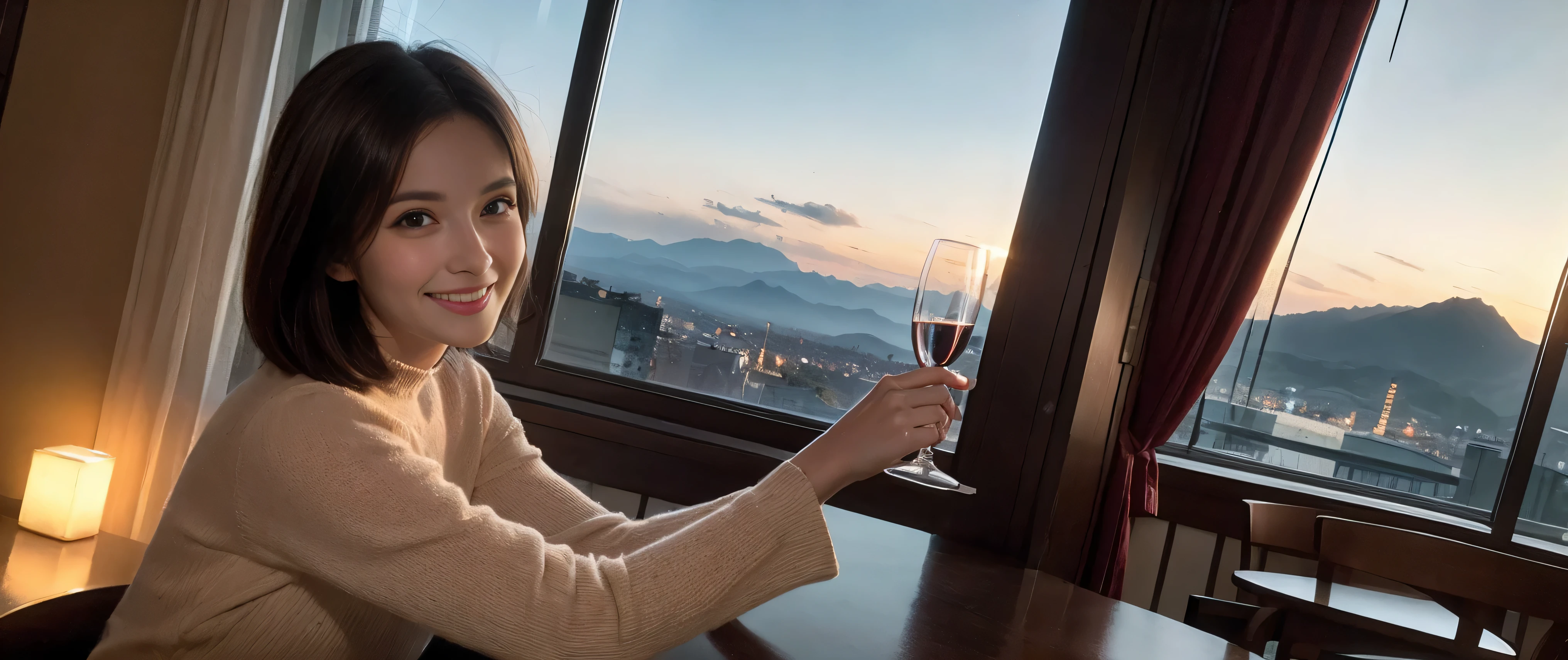 ((highest quality、8k、masterpiece:1.3))、Sharp focus:1.2、Beautiful woman perfect body:1.4、Slim body、((Bob Hale、Straight hair:1.2))、(to be born, highest quality, masterpiece:1.5), (Realistic, Intricate details:1.2), Ultra-high resolution, Spectacular view of the sunset sky and clouds、Amazing mountain views、A bright smile、A lovely woman with a smile、Bright image、2. The beauty of wine, Beautiful Face, blue eyes, The light shines on your face, Blushing, short hair,Bright Face、Fox face、 (36 years old), 39 years old, Lady、red wine 、Appetizer、Italian food、Wine bottle、Champagne、sparkling wine、Two beauties、brown hair、Shortcuts、Long sleeve shirt、dress、Pretty Woman 1, (slim face), (The body is slim), (brown hair), (Shortcuts), cheeks turn a little red,charming beauty、, Out of the window, A beautiful and detailed night view unfolds.........., restaurant, In a prominent place (From the waist up) Nova Frog Style, actress, model, Upper Body, White wine, slim, wine glass, wine glass placed in the middle, smile, (smile: 1.15), Beautiful fine grain, Depth f/2,saturation, High Contrast, Strong light and shadow,Moist Body:1.5、3D texture、Delicate eyes、brown hair、The hair is very shiny、