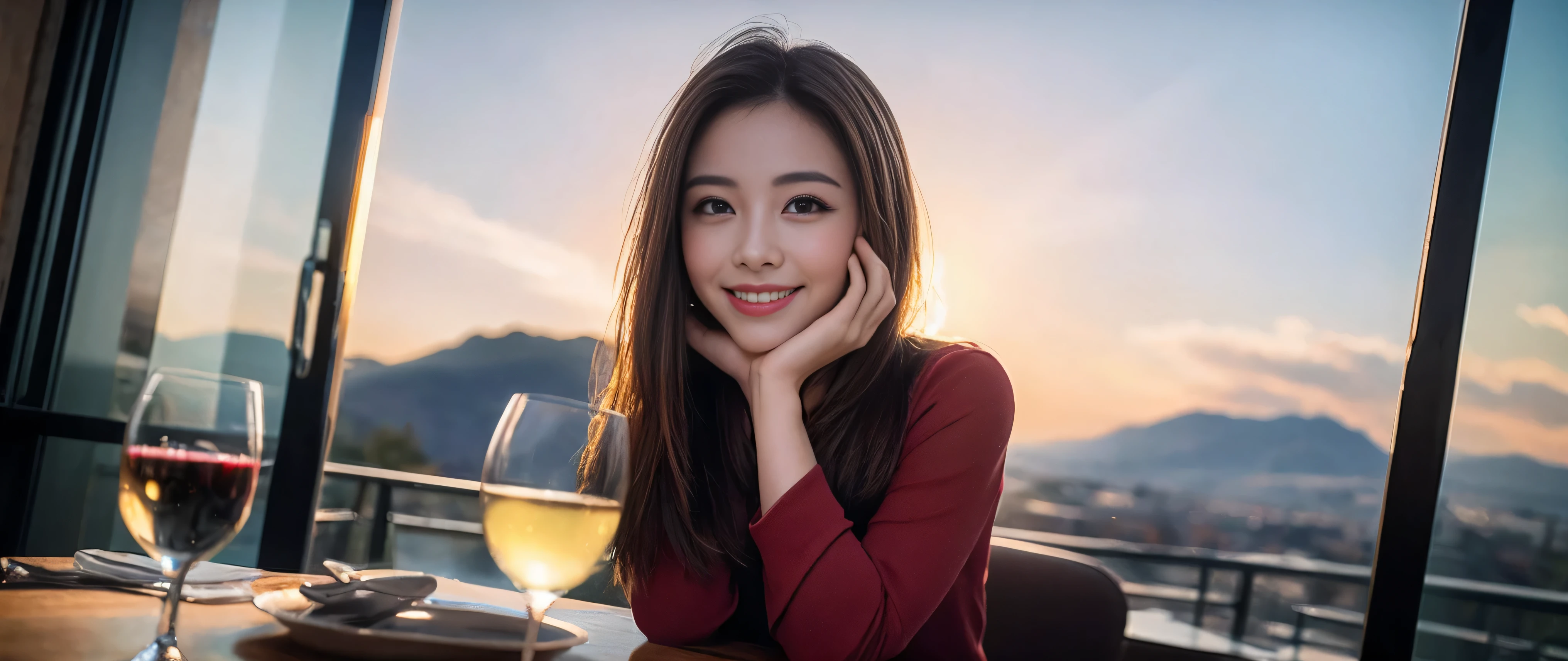 ((Highest quality、、masterpiece:1.3))、1 male、1 female、37 years old 39 years old、Slim Beauty、Beautiful couple、Upper Body、smile、 (Slim face), (the body is スリム), (Brown Hair), (Shortcuts), テーブルのフルコースディナーとwine glass、Amazing view of the sunset sky and clouds、smileの美しさ、Wine bottle、sparkling wine、Long sleeve shirt、dress、White wine, red wine, wine glass, Beautiful fine grain, Depth f/2,saturation, High Contrast, Strong light and shadow,Moist Body:1.5、3D texture、The hair is very shiny、