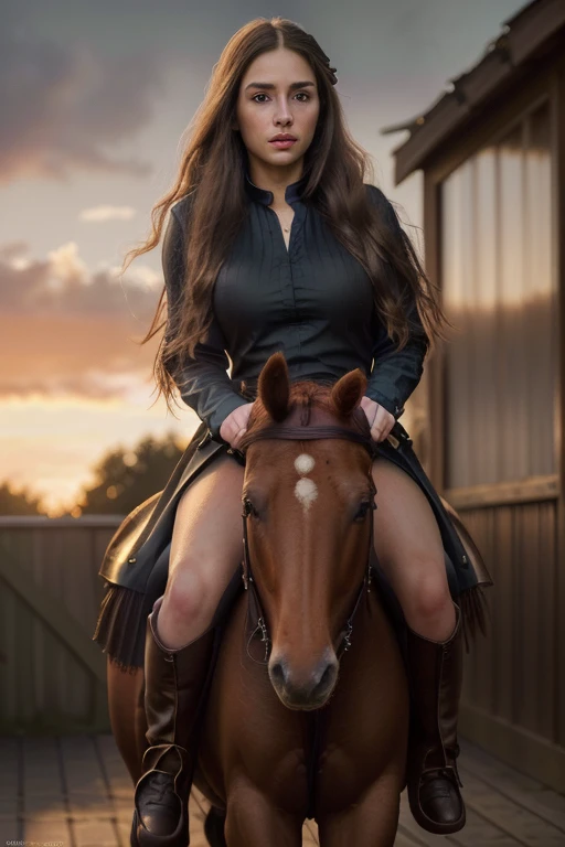 big  Belgian draft horse  mare (side view). big bum. very short tail. horse facing horizon .   flat grass meadow. steaming horse dung behind horse.   cloudless blue sky.  full figured African woman riding horse.