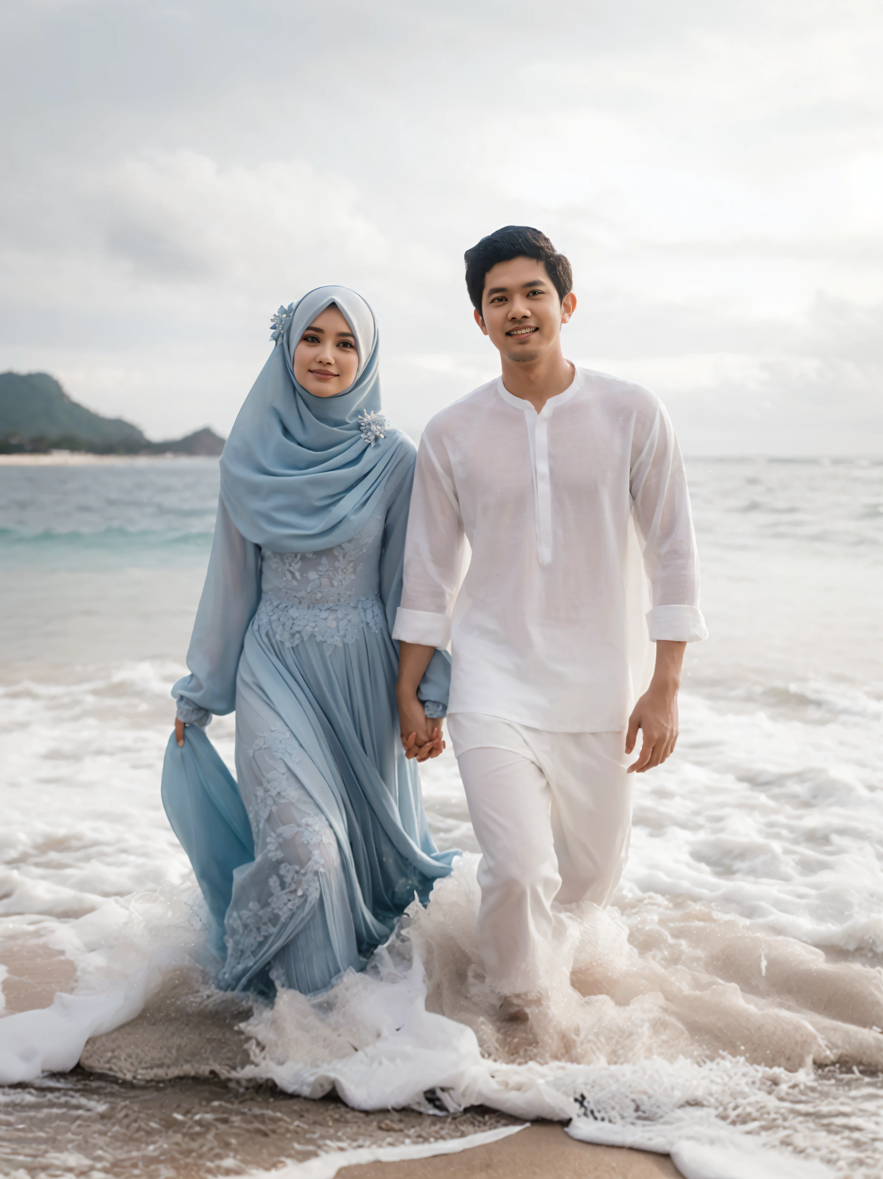 bride and groom walking on the beach holding hands, lovely couple, posing on a beach with the ocean, couple, romantic couple, siya oum, happy couple, white hijab, by Basuki Abdullah, in romantic style, couple pose, traditional clothes, on a beach, light blue and white tones, background is heavenly, on beach, beautiful masterpiece, beautiful scene