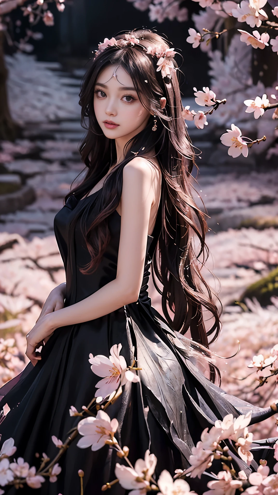4K, Ultra HD, Masterpiece, 1 girl, (good face:1.4), detailed eyes, very long hair, princess dress, (black dress:1.5), (wearing jwellery:1.5), (cherry blossom:1.5), (bloom effect:1.5), Detailed Fantasy Art, Stunning Character Art, beautiful Exquisite Character Art, Beautiful, Extremely Detailed, Exquisite Intricate Headdress and Jewellery, perfect body, looking directly at the audience, attractive poses,