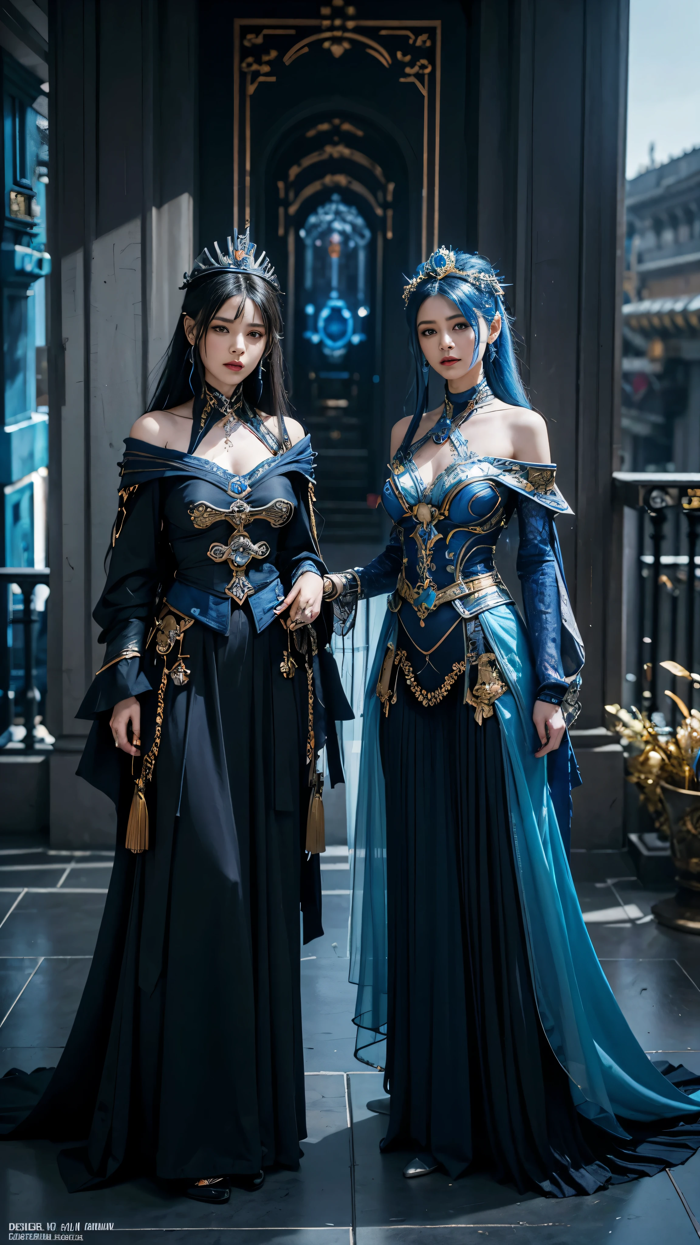 two women in costumes are standing in a room, as lady mechanika, static Prometheus frame, blue body paint, cyberpunk ornaments, Aztec Empress, cinematic details, guards, balcony scene, solarpunk, by Leon Wyczółkowski, sisters, Japanese cgi, Kazakh empress, character close-up