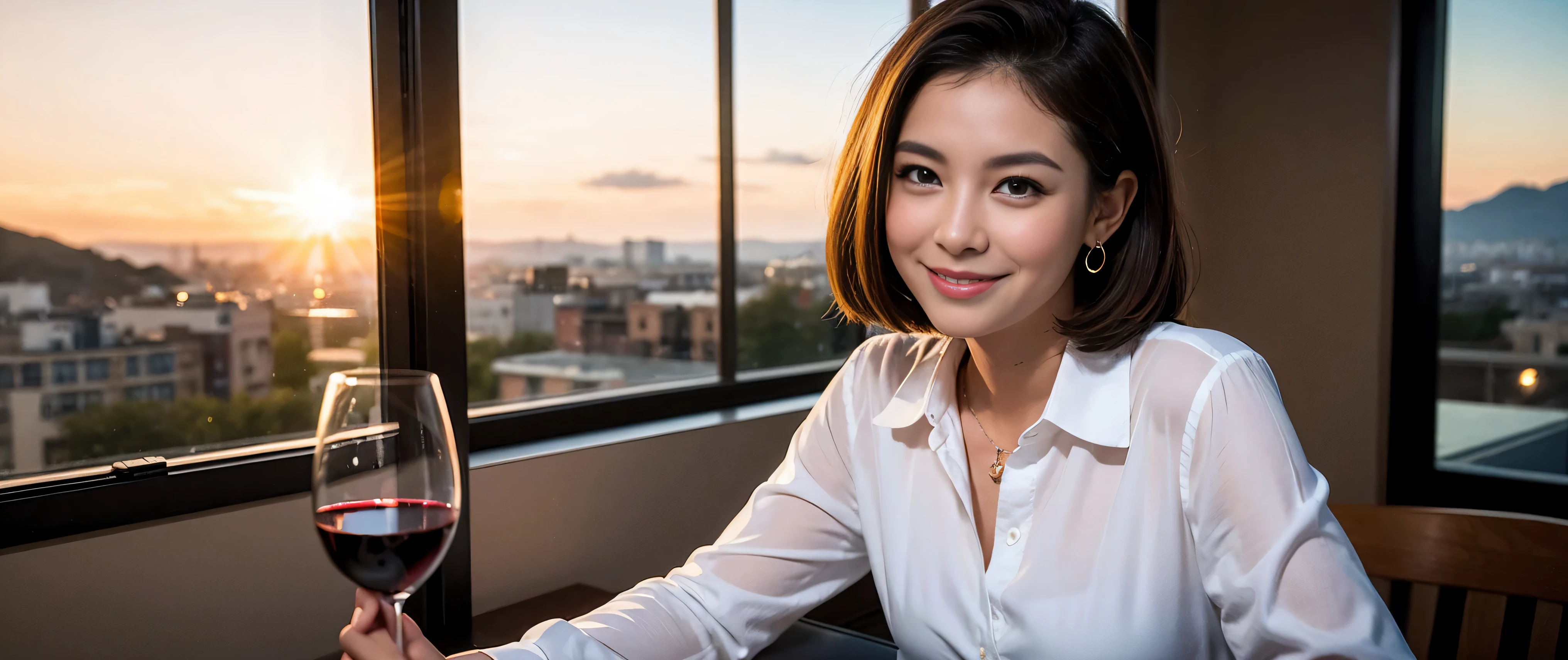 ((highest quality、8k、masterpiece:1.3))、Sharp focus:1.2、Beautiful woman perfect body:1.4、Slim body、((Bob Hale、Straight hair:1.2))、(to be born, highest quality, masterpiece:1.5), (Realistic, Intricate details:1.2), Ultra-high resolution, Spectacular view of the sunset sky and clouds、Amazing mountain views、A bright smile、A lovely woman with a smile、Bright image、2. Wine Beauties, Beautiful Face, blue eyes, The light shines on your face, Blushing, short hair,Bright face、Fox face、 (42 years old), 39 years old, Lady、red wine 、hors d'oeuvre、Italian food、wine bottle、Champagne、sparkling wine、two beauties、brown hair、Shortcuts、Long sleeve shirt、dress、Pretty Woman 1, (slim face), (The body is slim), (brown hair), (Shortcuts), cheeks turn a little red,charming beauty、, Out of the window, A beautiful and detailed night view unfolds.........., restaurant, In a prominent place (From the waist up) Nova Frog Style, actress, model, Upper Body, White wine, slim, wine glass, wine glass placed in the middle, smile, (smile: 1.15), Beautiful fine grain, Depth f/2,saturation, High Contrast, Strong light and shadow,Moist Body:1.5、3D texture、Delicate eyes、brown hair、The hair is very shiny、