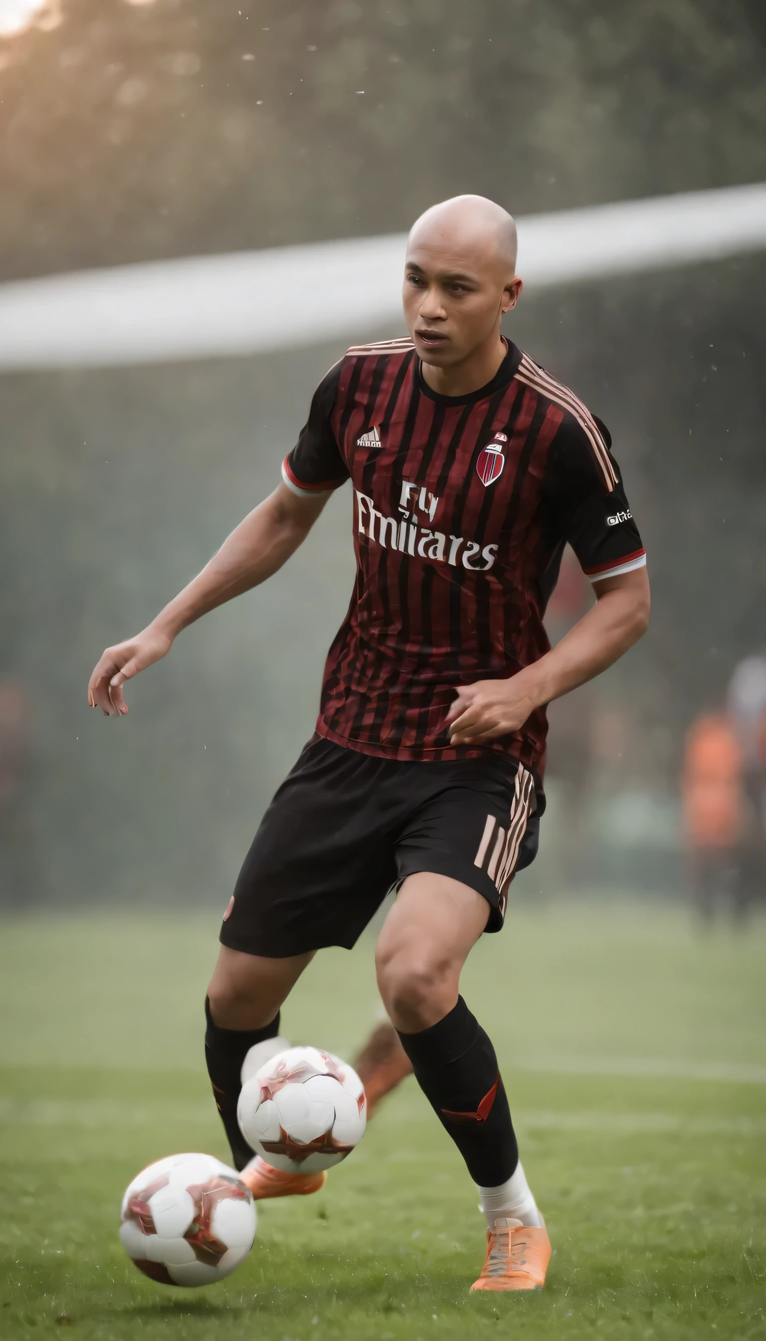 Ultra-realistic photo of an Indonesian man with a round face and bald hair, dribbling a football. He is wearing a full AC Milan football club uniform with the number 6 on his pants, complete with socks and black orange Adidas Predator football boots. His body is sweating, with a background of a wet grass field, water splashes, afternoon atmosphere, cinematic light, intricate details, sharp and light colors, Ultra HD, full body shot.