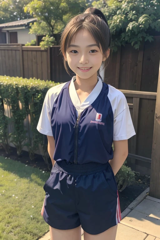 (Highest quality, Masterpiece), (Beautiful Japanese girl, ), (freckles:0.6), ponytail, smile, garden, Track and field athletes,Medium bust,