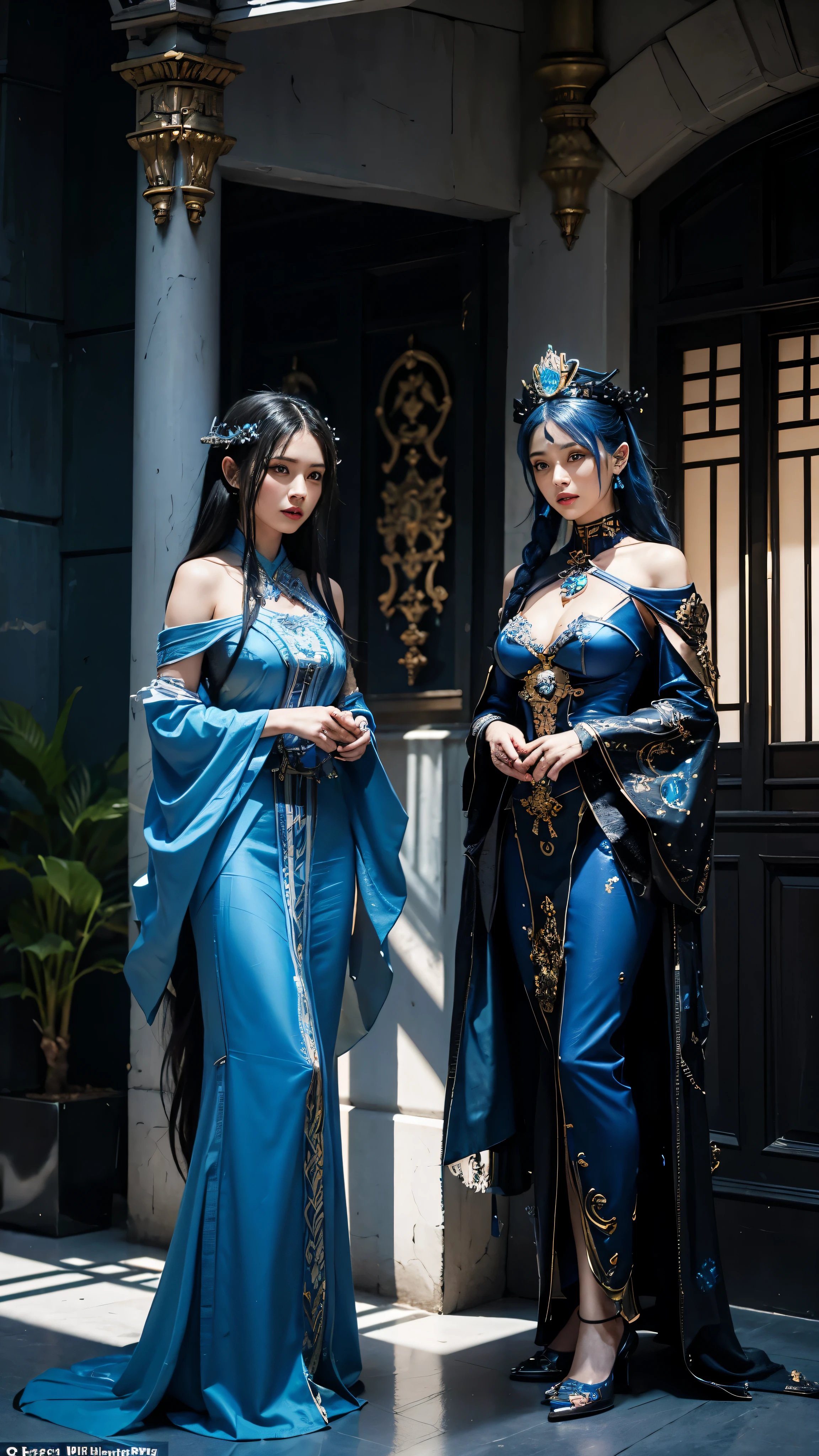 two women, twins,  in costumes are standing in a room, as lady mechanika, static Prometheus frame, blue body paint, cyberpunk ornaments, Aztec Empress, cinematic details, guards, balcony scene, solarpunk, by Leon Wyczółkowski, sisters, Japanese cgi, Kazakh empress, character close-up  