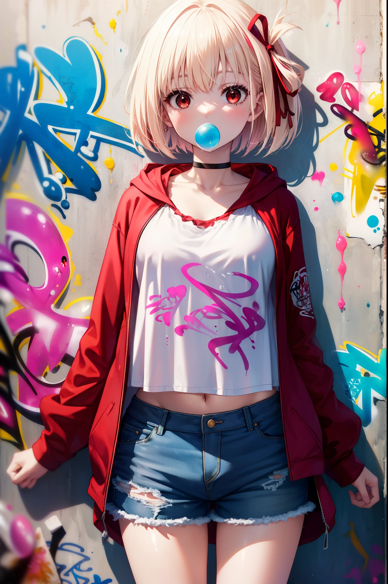 Chisato Nishikigi, Chisato Nishikigi, short hair, bangs, Blonde, (Red eyes:1.5), Hair Ribbon, One side up, red hoodie　Front open,Wearing a hood,Blowing bubble gum, Pink bubble gum,Bobcut,navel tank top,Denim shorts, choker, (graffiti:1.5), Paint splashes, Put your arms behind your back, Against the wall, Looking at the audience , Thigh straps, Tilt your head, was bored,break outdoors, alley,break looking at viewer, (Cowboy Shot:1.5),
break (masterpiece:1.2), highest quality, High resolution, unity 8k wallpaper, (shape:0.8), (Beautiful and detailed:1.6), Highly detailed face, Perfect lighting, Highly detailed CG, (Perfect hands, Perfect Anatomy),