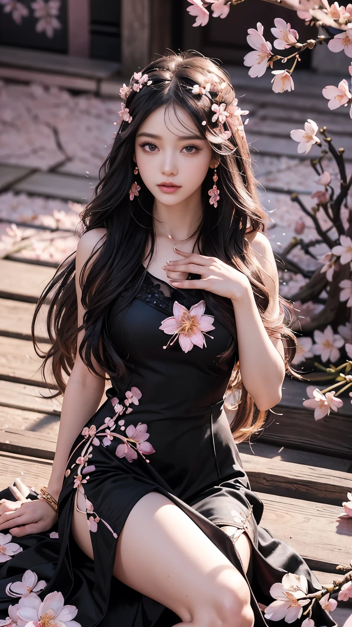 4K, Ultra HD, Masterpiece, 1 girl, (good face:1.4), detailed eyes, very long hair, princess dress, (black dress:1.5), (wearing jwellery:1.5), (cherry blossom:1.5), (bloom effect:1.5), Detailed Fantasy Art, Stunning Character Art, beautiful Exquisite Character Art, Beautiful, Extremely Detailed, Exquisite Intricate Headdress and Jewellery, perfect body, looking directly at the audience, attractive poses,