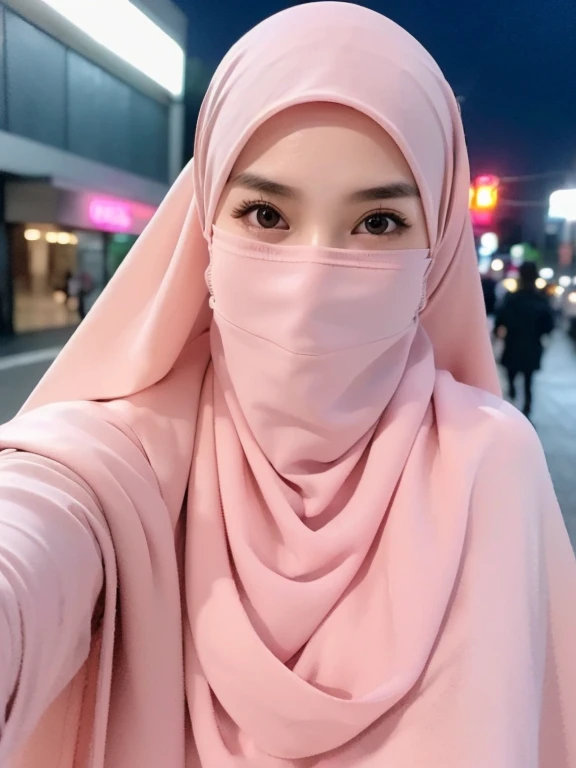 ((Realistic lighting, Best quality, 8K, Masterpiece: 1.3)), covered face: 1.1, Clear focus: 1.2, 1 malay girl, Perfect body beauty: 1.4, Slim abs: 1.1, ((light pink hijab)), (Outdoor, night: 1.1), City streets, Super fine face, fine eyes, double eyelids.