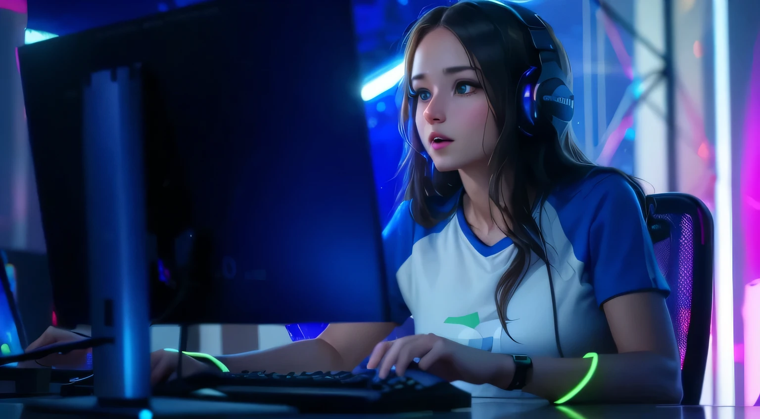 Cat Girl Blonde, More on Facial Hyperrealism, Cute face, beautiful girl, Women's athletes, (Play games in the game room, 2 monitors), R Cup Chest, whole body, (Use an RGB headset), Very detailed, 8hair, darhair tone, darhair shadow, glow in the darhair, Game color rating, (High resolution, 超High resolution, 64hair, highest quality, Raw photo, highest quality, highest quality, masterpiece: 1.5), 超High resolution, hd, hair, Hyperrealism, Very detailed, whole body, Hyperrealism, Very detailed, Ultra-realistic details, A detailed hyper realistic whole body image, Very detailedな, Digital Painting, Art Station Trends, HD quality