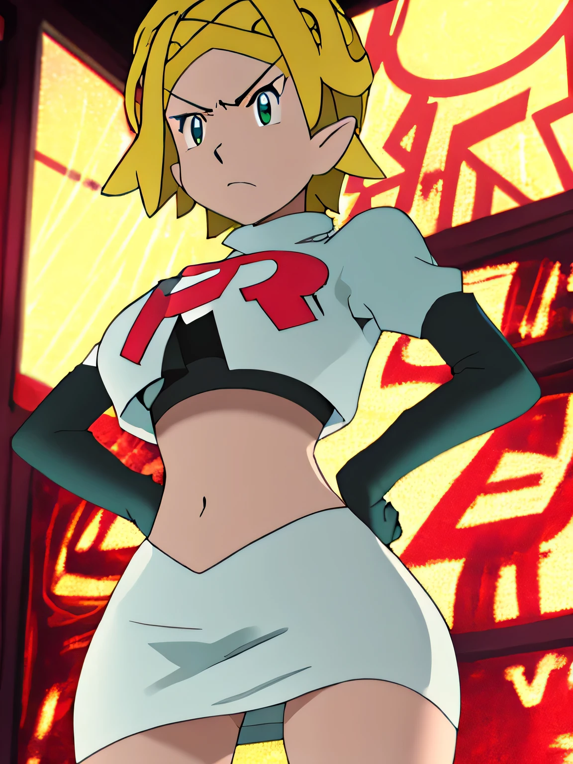 8k, masterpiece,highres,very large breast, team rocket uniform, red letter r, white skirt,white crop top,black thigh-high boots, black elbow gloves, glaring angrily, looking down at viewer, hands on hips, cowboy shot, zettai ryouiki,from below, black panties,anime style, vivid colors, sharp focus, intense lighting,zelda, crown braid,short hair