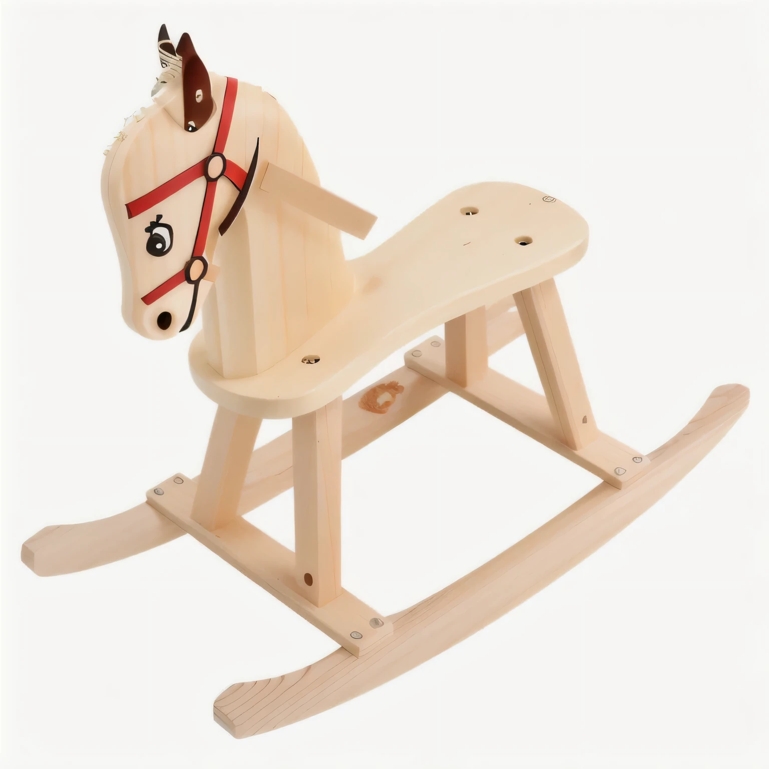 arafed wooden rocking horse with a red harness and a brown nose, wooden, a wooden, horse, childrens Toy, ride horse, riding horse, riding on a prancing horse, Toy, pony, children's Toy, With wood details, kids Toy, with a wooden stuff, sitting, wooden art Toys on base, sleipnir