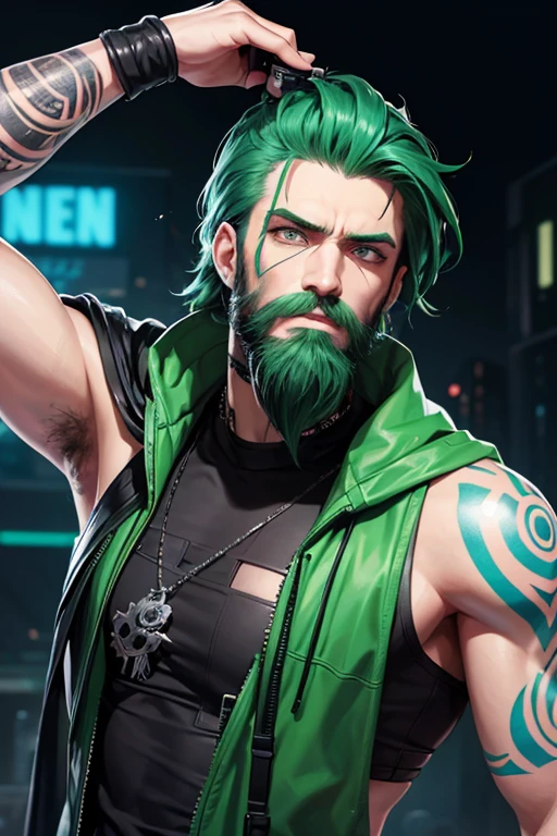 Create a bearded man based on the video game "Cyberpunk". Der Mann hat kurzes Haar. He has green eyes. He is tattooed all over his body. Seine Haarfarbe ist blau. He is ready for a fight.