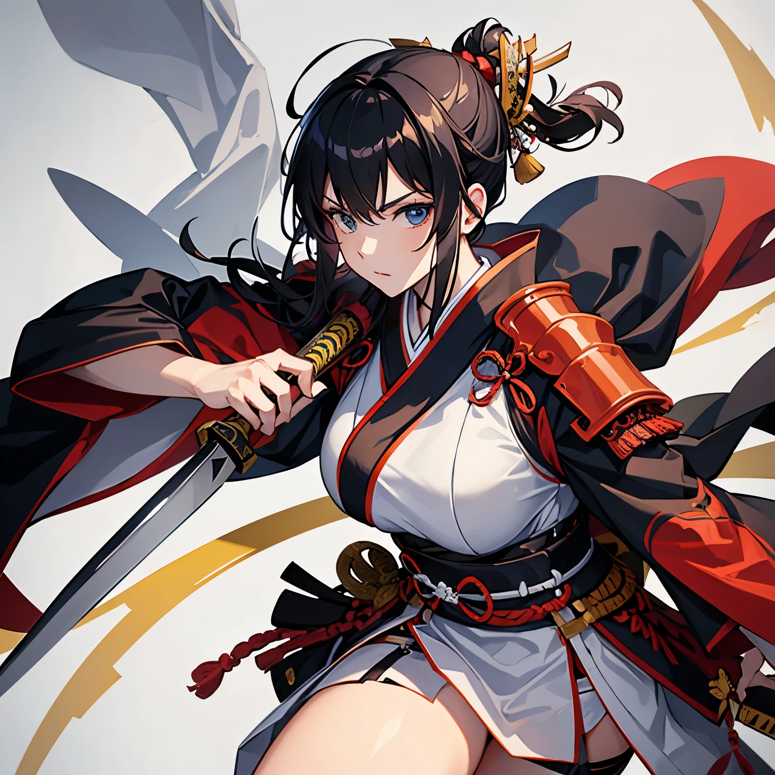 A woman wearing samurai armor and holding a Japanese sword