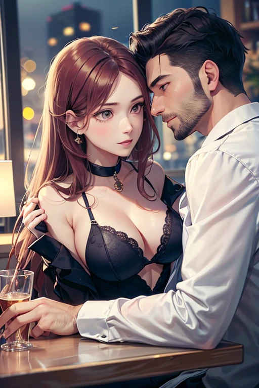 (Tabletop, Digital Art, digital illustration, 4K, 8k, Very detailed, Beautiful images, Clear images, Realistic, RAW Photos, Perfect Face, Perfect Lines, Perfect Eyes, Soft lighting) 1 female, (Long dark pink hair,Straight hair,Bullish expression,Beautiful woman,suit,Solid makeup,Medium breast、23-year-old female,:1.3),secretary, suitを着たハンサムな男性 2 人, (human,suitを着た男,Muscular,Strong shoulder width, human,ボーイッシュなのヘアstyle,Dark Blue Hair,No beard,English gentleman&#39;style,A man in his 30s with a cool expression,A 28-year-old man with a bright smile:1.2),Moonlit Night、City of night、Moon and light、illumination、Couple、Coupleキス、Romance、Romanceポルノ、look at each other、Embrace each other