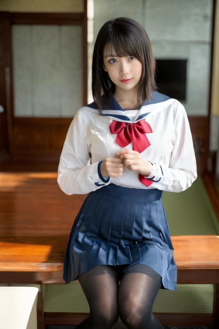 Female student，Thighs，tights，Japanese Uniform，short hair，skirt，sit，tie，Prepare a notebook and pencil，Spread your legs，Large eyes，