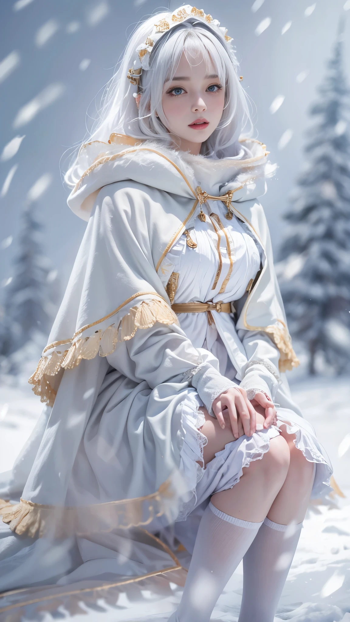 8k,Photorealistic, high resolution, 1 Women, Solo, Hips up,(Lolita costume), Beautiful eyes, White hair, ringed eyes, (Sit,Cloak,snowfield),((lifting her skirt,spread their legs)),