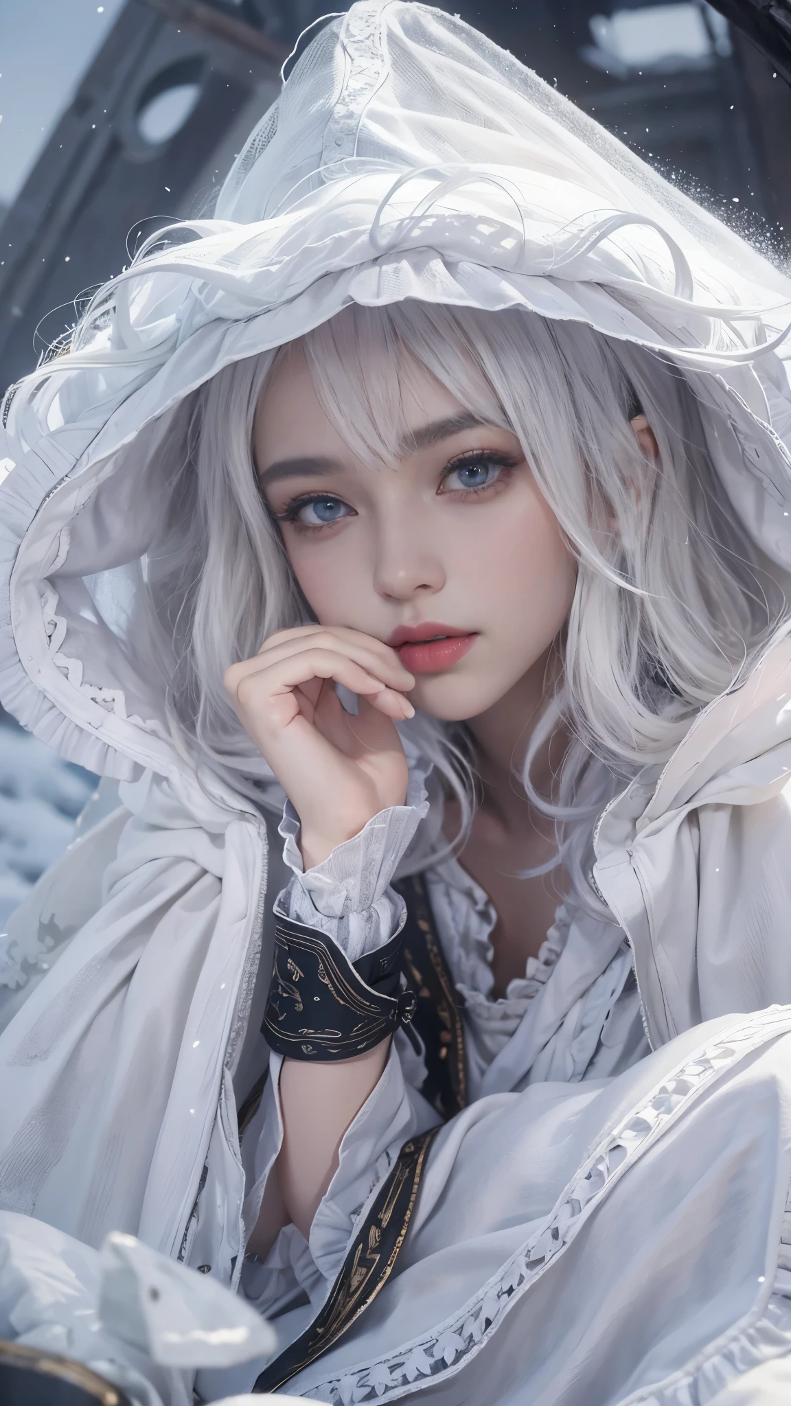 8k,Photorealistic, high resolution, 1 Women, Solo, Hips up,(Lolita costume), Beautiful eyes, White hair, ringed eyes, (Sit,Cloak,snowfield),((lifting her skirt,spread their legs)),