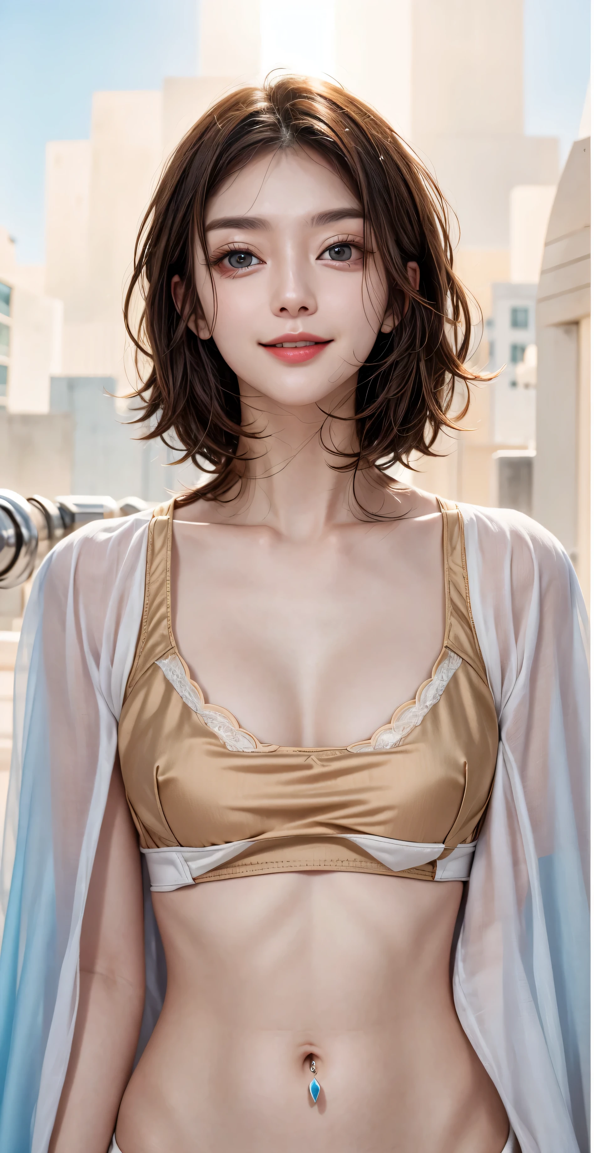 top-quality、超A high resolution、(Photorealsitic:1.4)、1girl in、、a 20 yo woman
 (Brown hair:1)、(tiny chest:1.2)、looking at the viewers、write、barechested、nudde、full body Esbian、Constriction、A slender、Beautiful nipples、Beautie、、short-hair、morning、the morning sun、