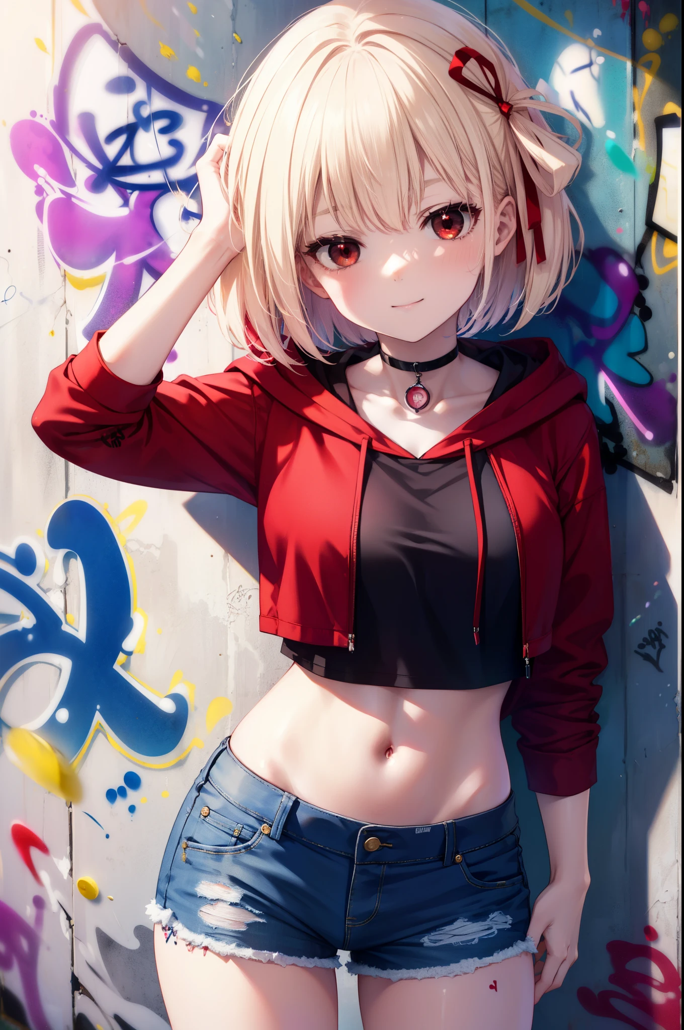 Chisato Nishikigi, Chisato Nishikigi, short hair, bangs, Blonde, (Red eyes:1.5), Hair Ribbon, One side up, happy smile, smile, red hoodie Front open,Wearing a hood,Blowing bubble gum, Pink bubble gum,Bobcut,navel tank top,Denim shorts, choker, (graffiti:1.5), Paint splashes, Put your arms behind your back, Against the wall, Looking at the audience , Thigh straps, Tilt your head, was bored,break outdoors, alley,break looking at viewer, (Cowboy Shot:1.5),
break (masterpiece:1.2), highest quality, High resolution, unity 8k wallpaper, (shape:0.8), (Beautiful and detailed:1.6), Highly detailed face, Perfect lighting, Highly detailed CG, (Perfect hands, Perfect Anatomy),