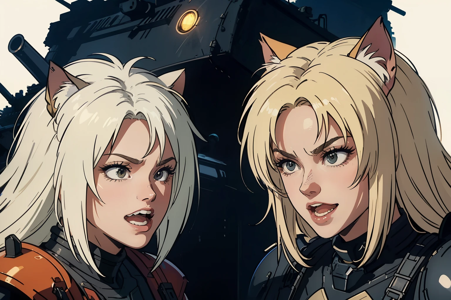 ((highest quality)), ((masterpiece)), (be familiar with), (High definition), 8K, Perfect Face、2Women、Two blonde women with cat ears、((laughing out loud))、((tankの砲身に跨がっている))、tall、2 Blonde cat ears、2. Long Hair、2. Volumetric hair style、big breasts、Narrow waist、Big Ass、glamorous、Alluring、protector、Armor、combat suit、combat boots、Armament、Equipped with large firearms、Cinematic、Best Shadow、Side lighting、NEO TOKYO、riot、explosion、tank、helicopter、(Close-up of face)