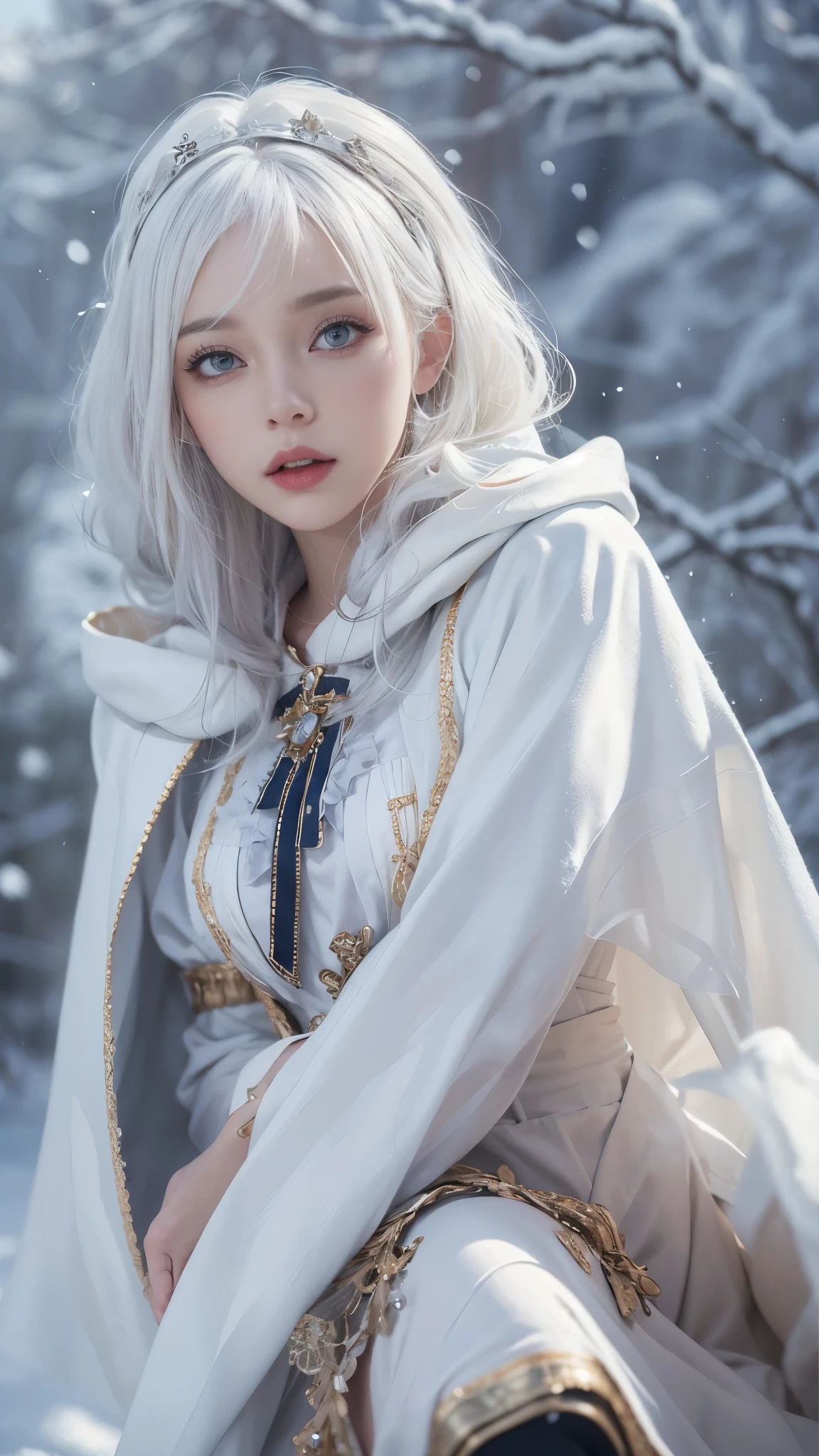 8k，Photorealistic, high resolution, 1 Women, Solo, Hips up,(Lolita costume)， Beautiful eyes, White hair, ringed eyes, (Sit，Cloak，snowfield)，((lifting her skirt，spread their legs))，