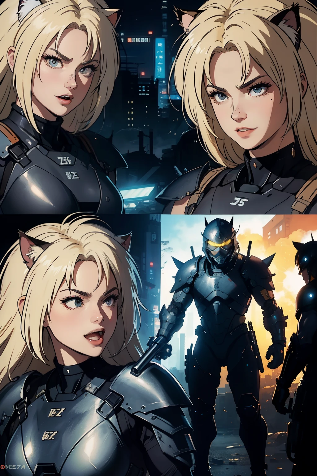 ((highest quality)), ((masterpiece)), (be familiar with), (High definition), 8K, Perfect Face、2Women、Two blonde women with cat ears、((laughing out loud))、((tankの砲身に跨がっている))、tall、2 Blonde cat ears、2. Long Hair、2. Volumetric hair style、big breasts、Narrow waist、Big Ass、glamorous、Alluring、protector、Armor、combat suit、combat boots、Armament、Equipped with large firearms、Cinematic、Best Shadow、Side lighting、NEO TOKYO、riot、explosion、tank、helicopter、(Close-up of face)
