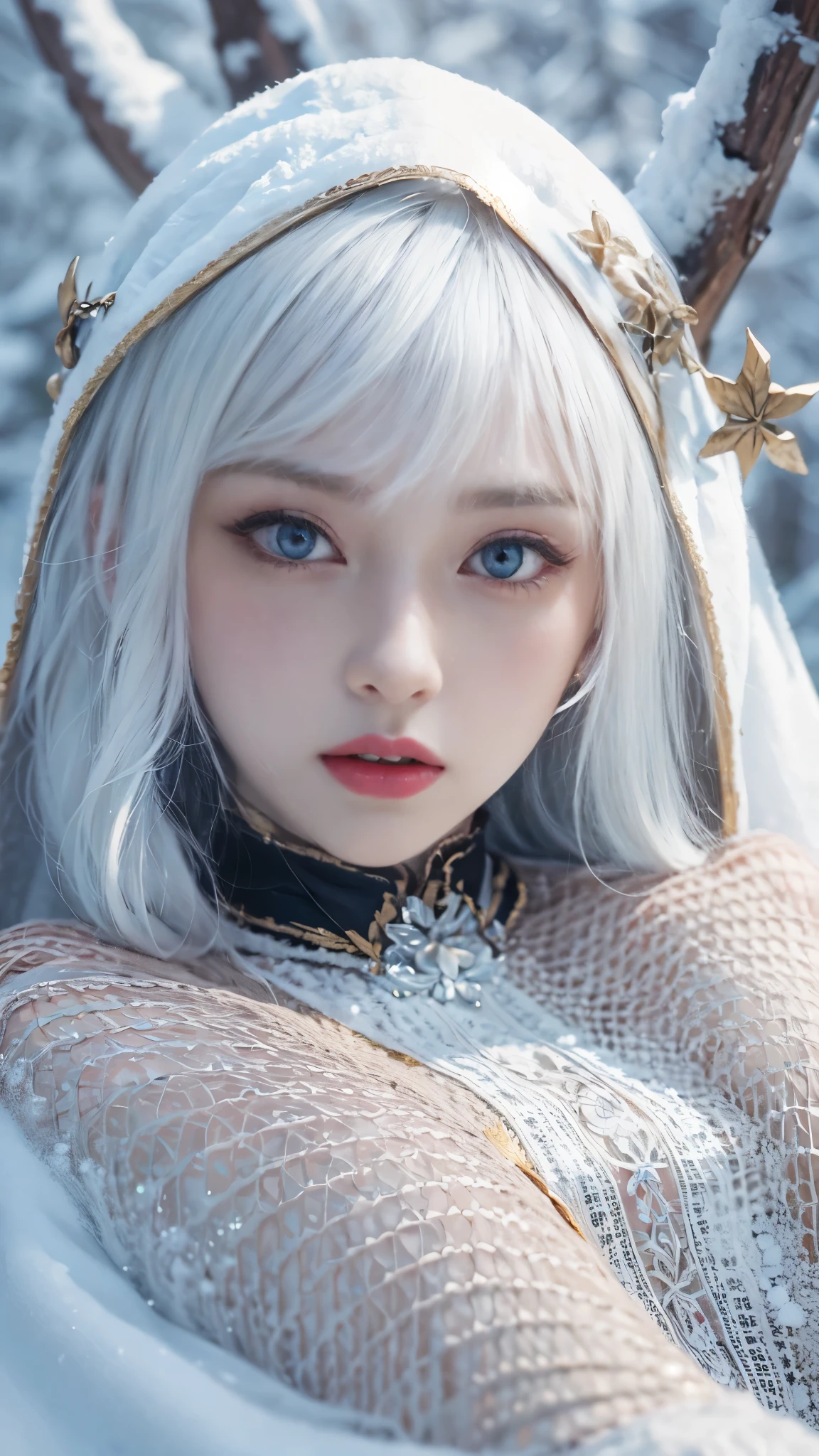 8k，Photorealistic, high resolution, 1 Women, Solo, Hips up,(Lolita costume)， Beautiful eyes, White hair, ringed eyes, (Sit，Cloak，snowfield)，((lifting her skirt，spread their legs))，