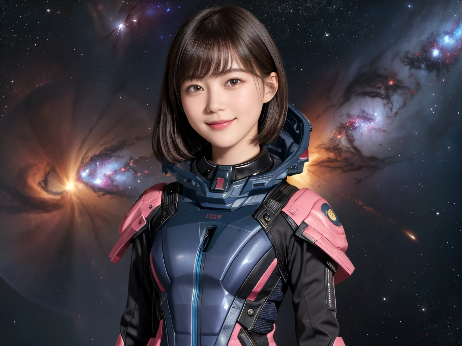 211 Short Hair, 20-year-old woman, Floral, A kind smile, 未来的なClothes装, machinery suit, (The background is a galaxy and nebula), (Separated at the top and bottom々Clothes)