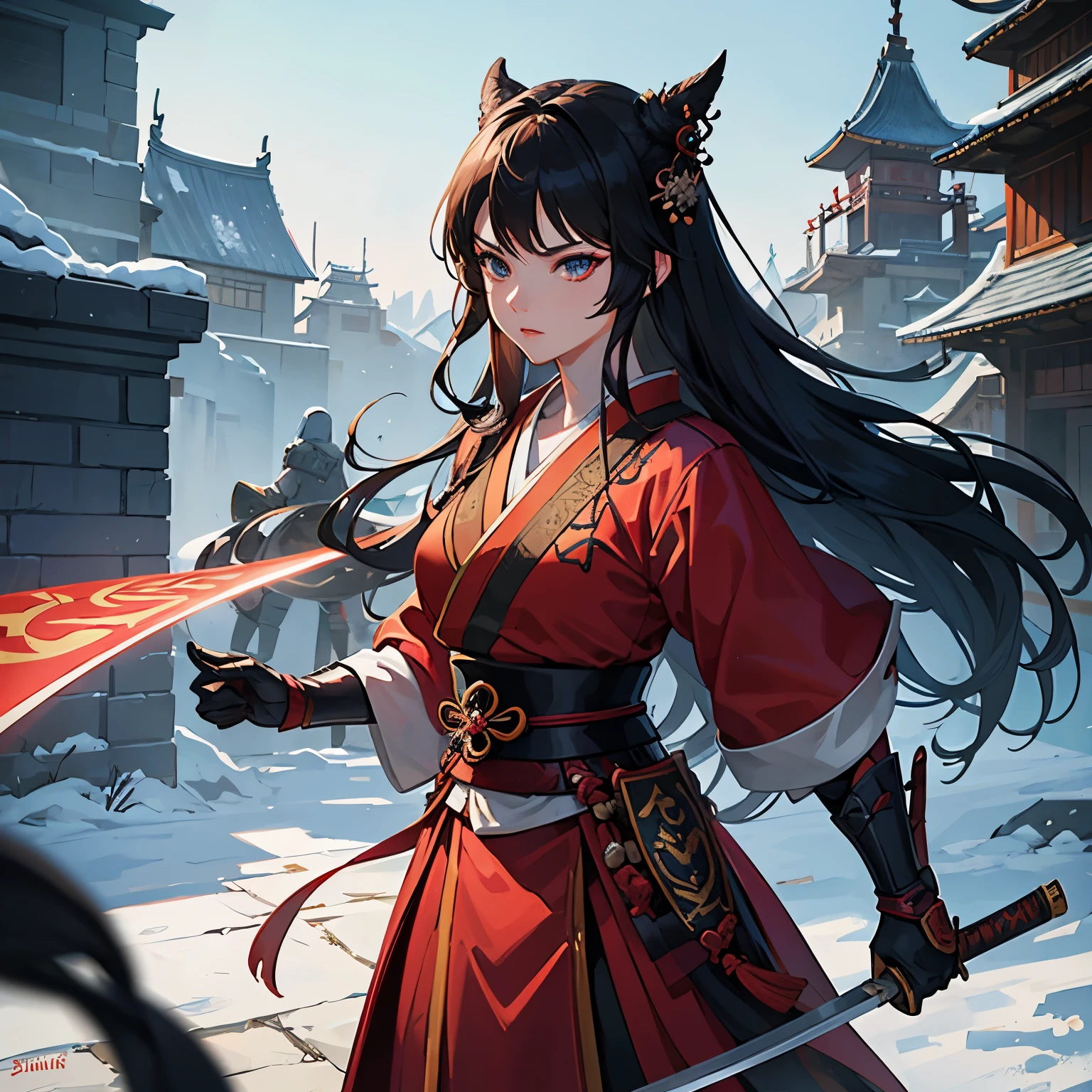 Roleplayingゲーム (Roleplaying) Style Fantasy One Girl, Wearing samurai armor、Female Mulan holding a sword in both hands . detailed, Vibrant, Immersive, reminiscent of high fantasy Roleplaying games