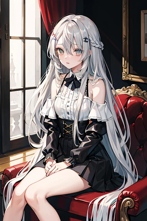 ((highest quality)), ((masterpiece)), (detailed), Perfect Face,Very long hair,Hair on one eye,Half Up,Skinny body,,Gray Hair,Sit on a chair