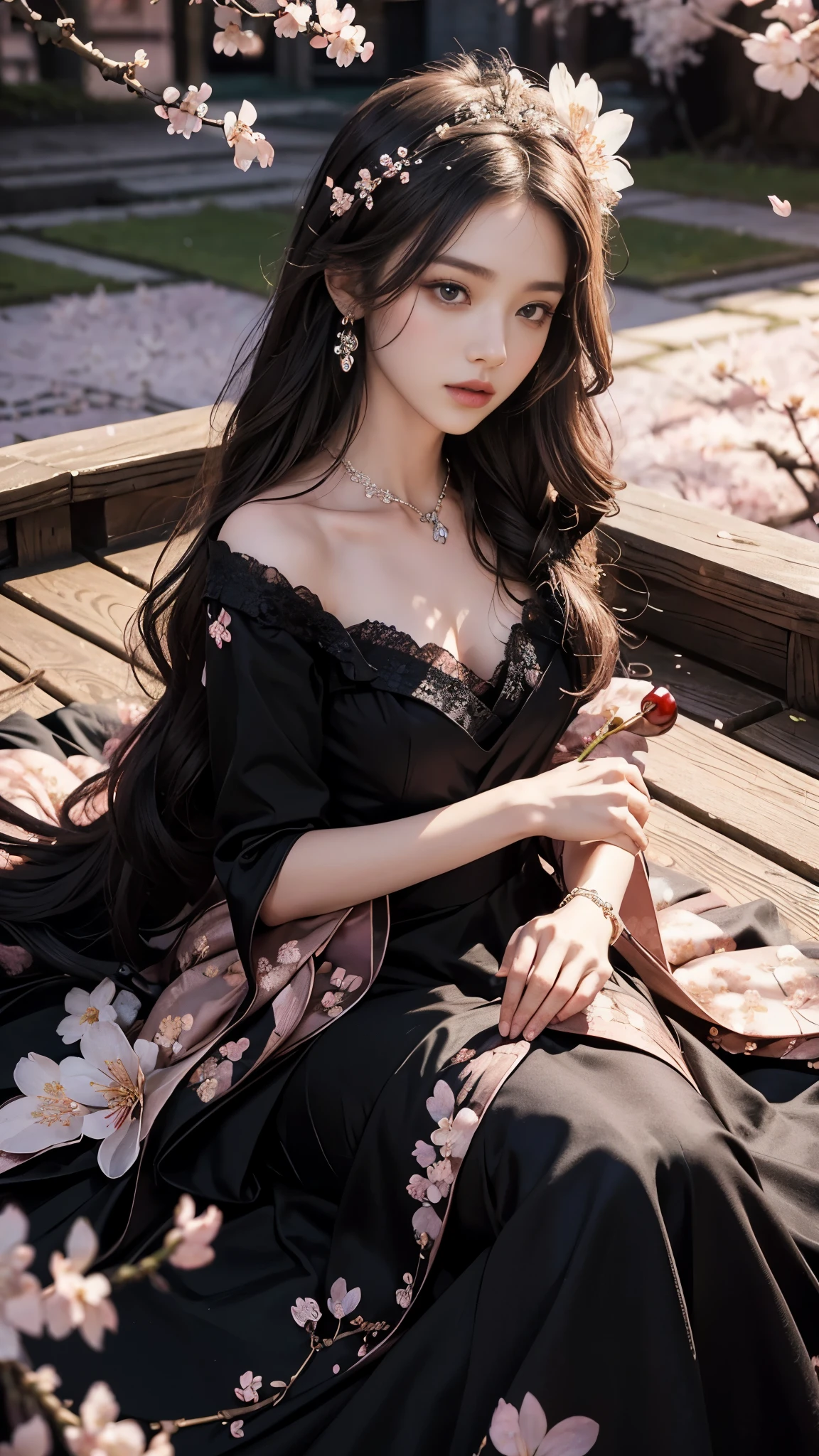4K, Ultra HD, Masterpiece, 1 girl, (good face:1.4), detailed eyes, very long hair, princess dress, (black dress:1.5), bare waist, lace, (wearing jwellery:1.5), (cherry blossom:1.5), (bloom effect:1.5), Detailed Fantasy Art, Stunning Character Art, beautiful Exquisite Character Art, Beautiful, Extremely Detailed, Exquisite Intricate Headdress and Jewellery, perfect body, looking directly at the audience, attractive poses, laying,