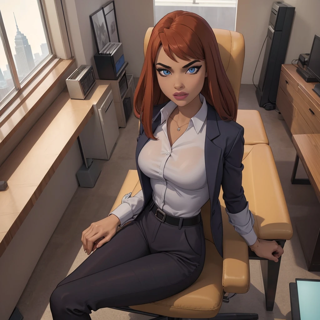 (masterpiece, high quality) woman, formal business suit, shirt, pants, solo , looking at viewer, perfect face, suits tan, tan colour, white shirt,sexy breasts,fit super model body, fit_business_suit s, crystal blue eyes, eyelashes, makeup, skyscraper, full body, she is the boss, ultra quality 4k, super confident, sit like the boss, [From Below, Looking Up][Modern Office Setting]