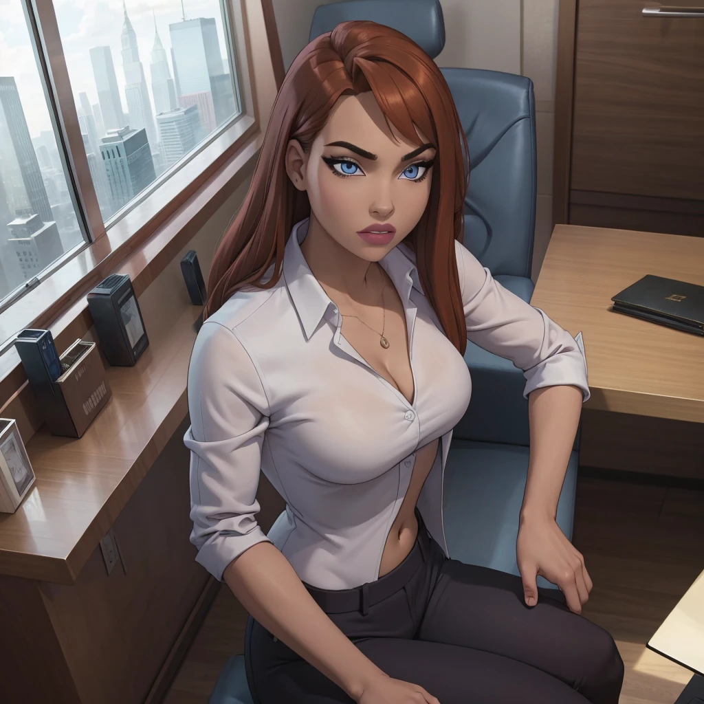 (masterpiece, high quality) woman, formal business suit, shirt, pants, solo , looking at viewer, perfect face, suits tan, tan colour, white shirt,sexy breasts,fit super model body, fit_business_suit s, crystal blue eyes, eyelashes, makeup, skyscraper, full body, she is the boss, ultra quality 4k, super confident, sit like the boss, [From Below, Looking Up][Modern Office Setting]