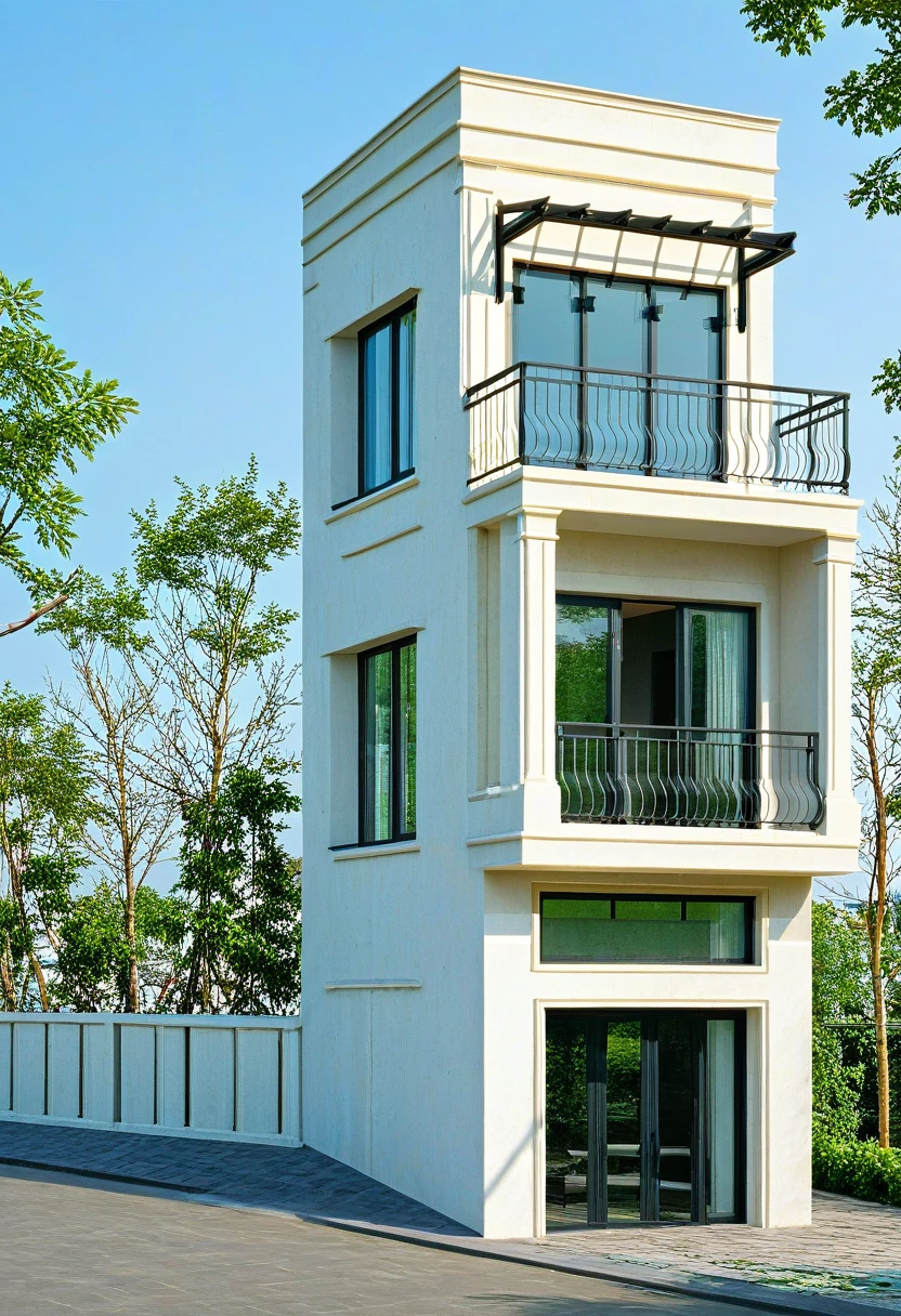 Raw photo,Masterpiece, high quality, best quality, authentic, super detail, 8k uhd, (realistic:1.2)
exterior, outdoors, clear sky, day, tree, blue sky, window, grass, ground vehicle, building, motor vehicle, car, road, bush, street, aiaigroup, townhousevn, neo-classical architecture style, balcony, gate, tree on the balcony, classic architecture, white wall, residential neighborhood,sidewalk trees, plant and tree